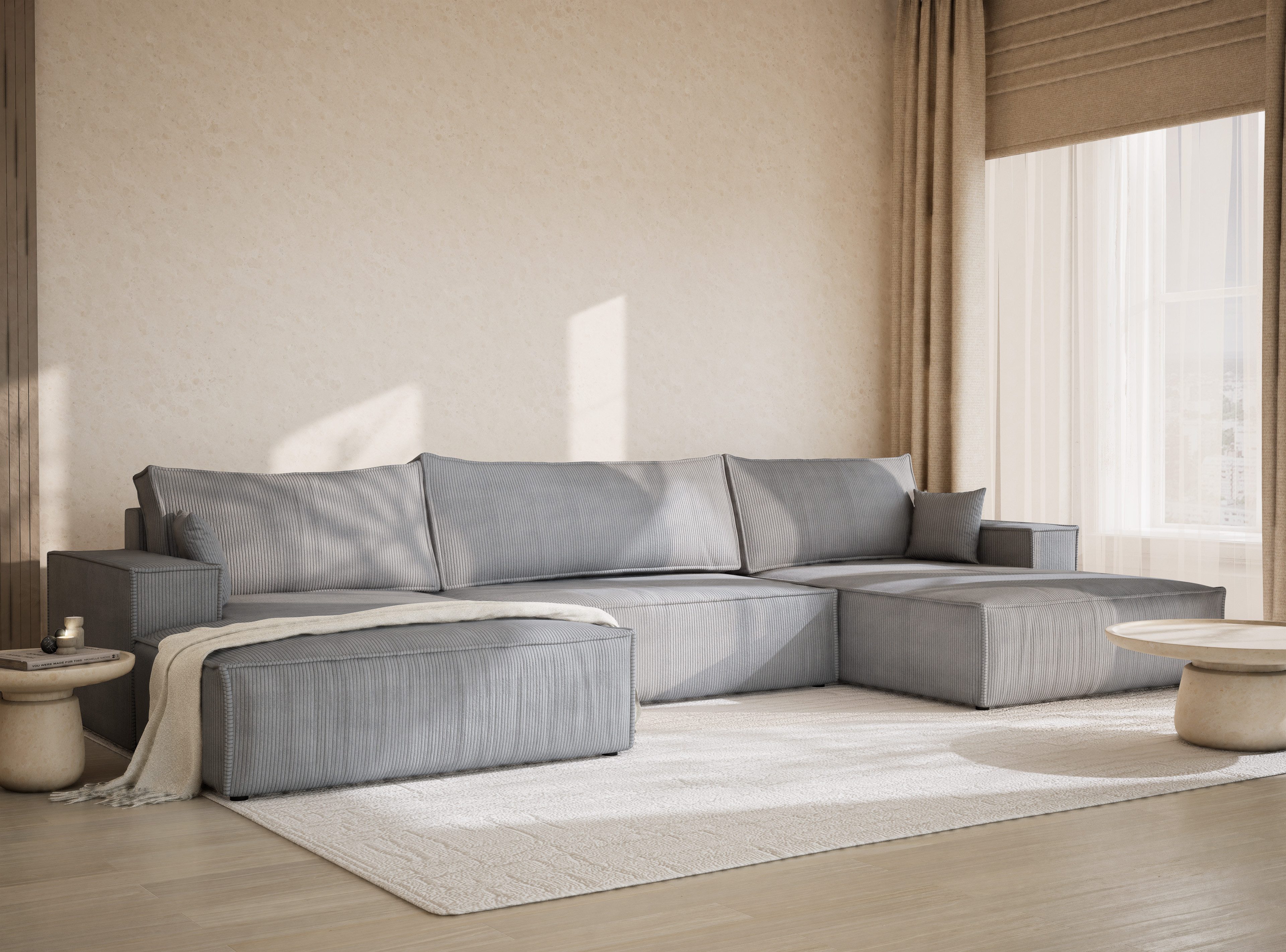 Maison de Rêve Wohnlandschaft Kyoto mit Schlaffunktion, U-Form Sofa mit Bettkasten, Zierkissen, Liegefläche 135x343 cm