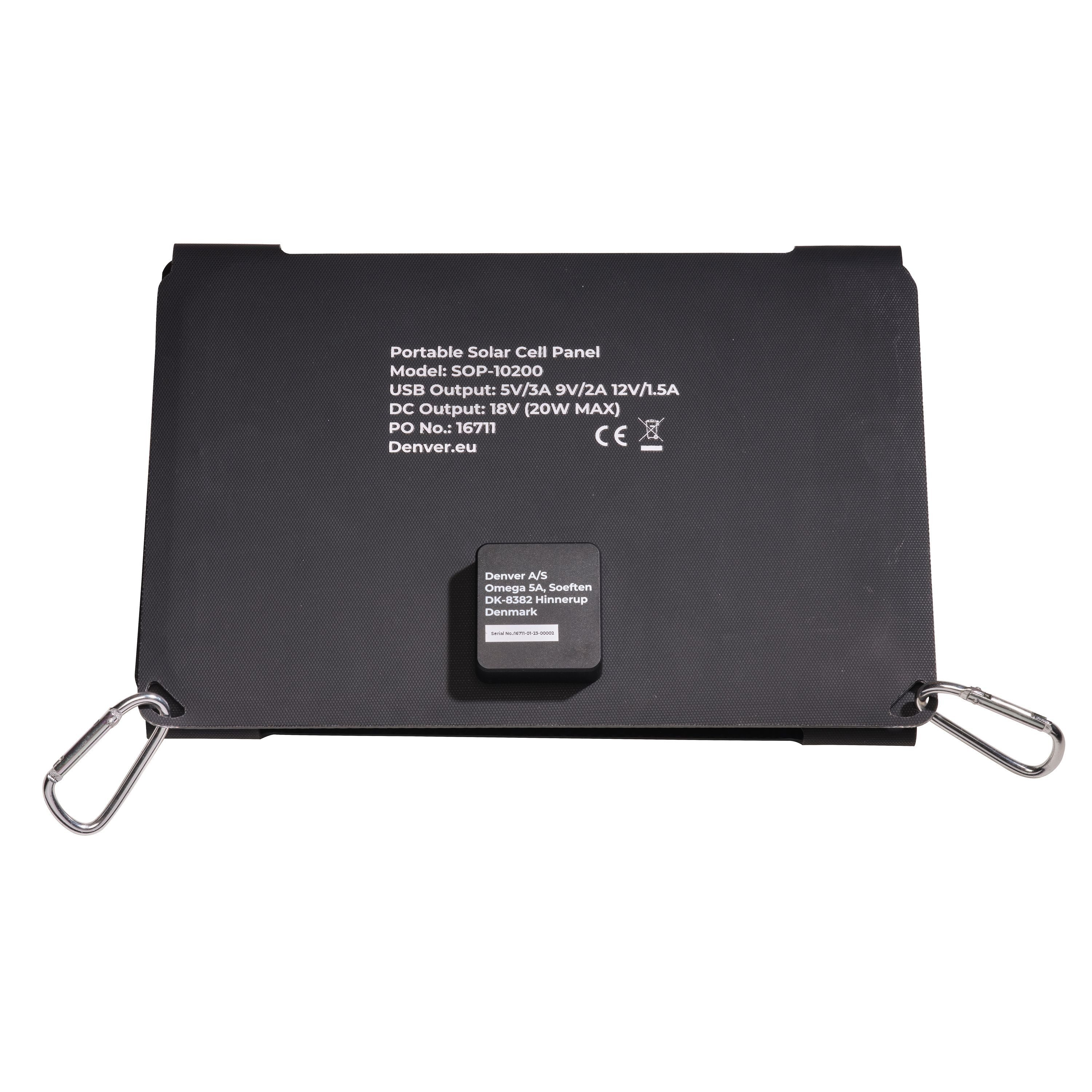 Denver SOP-10200 Solar Powerbank SOP-10200MK2 0 mAh (USB-C: 5 V/3 A, 9 V/2 A, 12 V/1,5 A (QC 3.0); DC-Out: 5–18 V V, 1 St), USB-C QC 3.0, DC-Out 5–18 V, faltbar