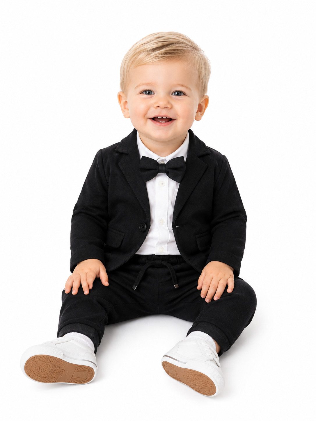 Lorey Medtec Anzug 4-teilig Baby Jungen Festanzug 4-teilig Schwarz Weiß aus 100% Baumwolle (Jacke + Hose + Hemd + Fliege)