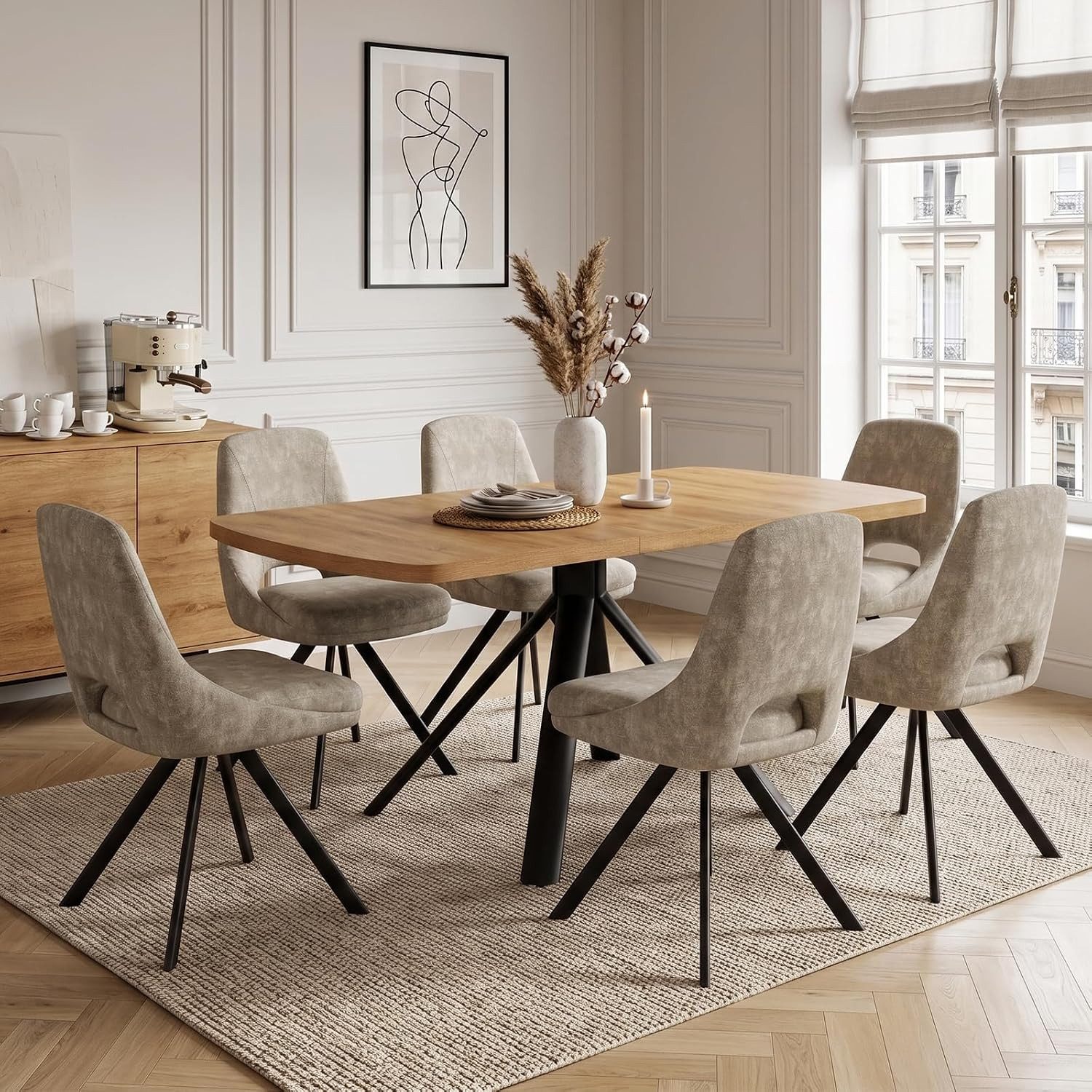 Jiexi Essgruppe Ausziehbare Essgruppe, Holzoptik mit [Esstisch + 6 Lightcoffee Stühle]