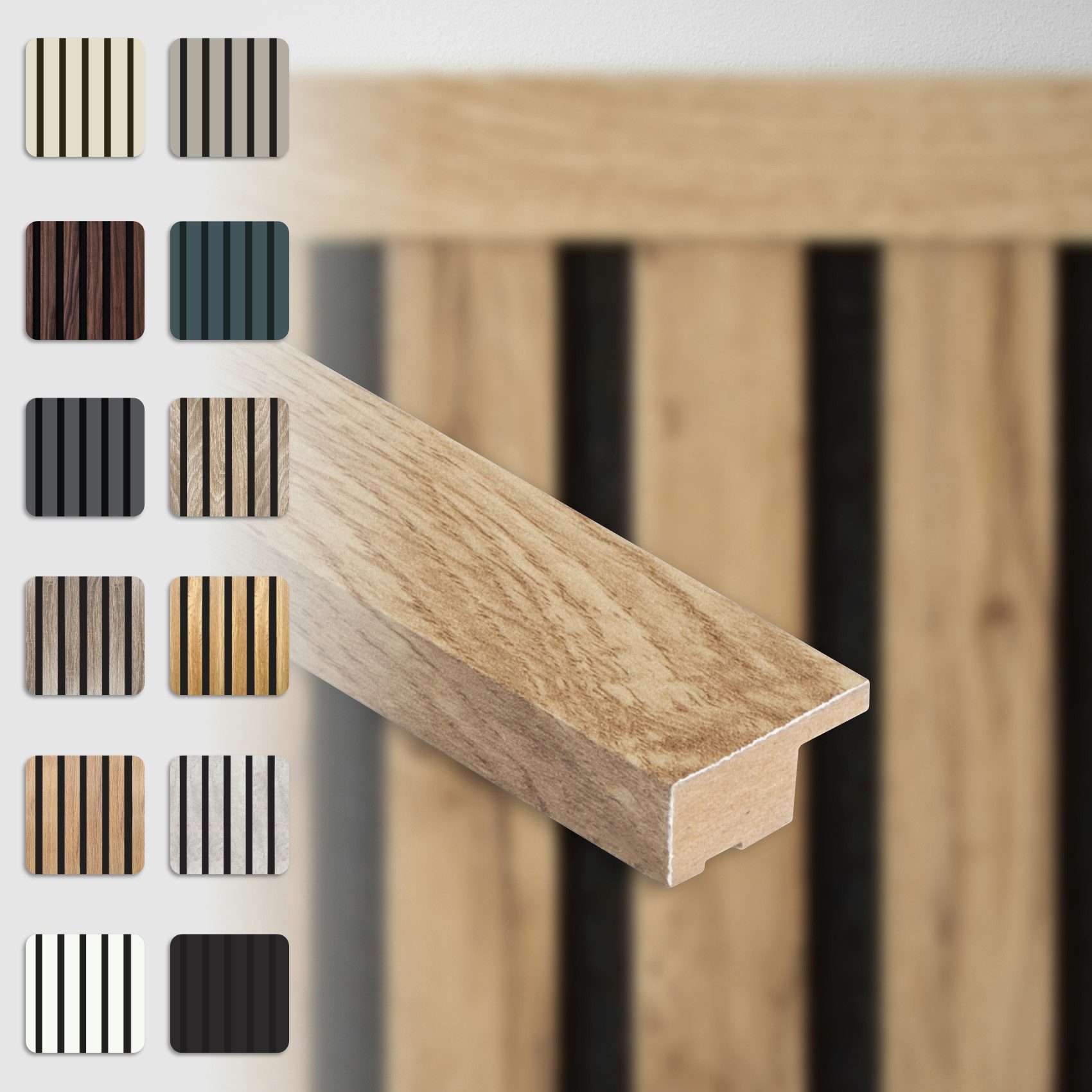 Hexim Wanddekoobjekt (Abschlussleiste 275x2,7cm passend für unsere Akustikpaneele - flexible Lamellenwand Holz MDF Wandpanelee Lamellenverkleidung Wandverkleidung (1 Abschlussleiste Pecan - APA08)