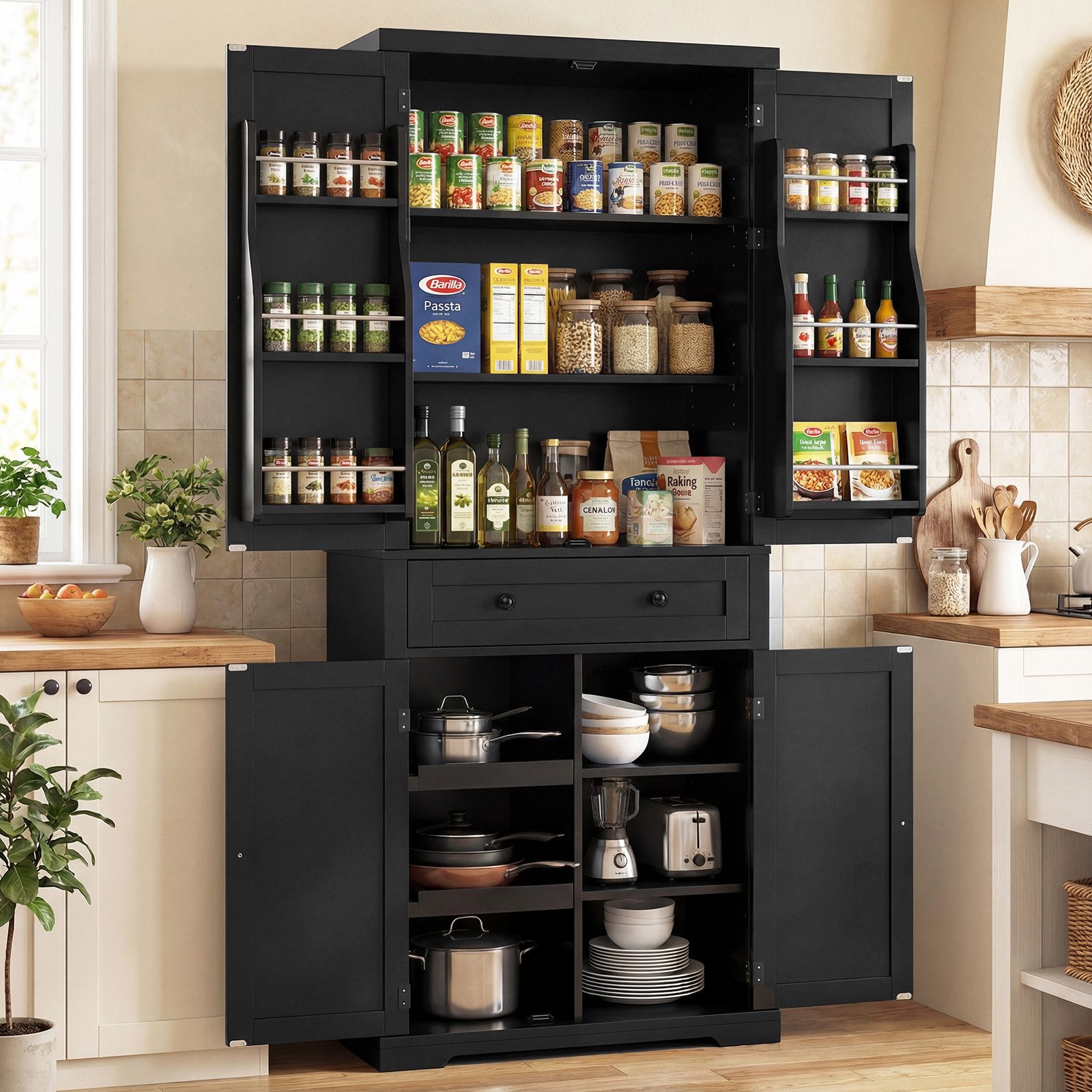 COSTWAY Vorratsschrank Küchenbuffet Hochschrank, mit Schiebetabletts, 184cm