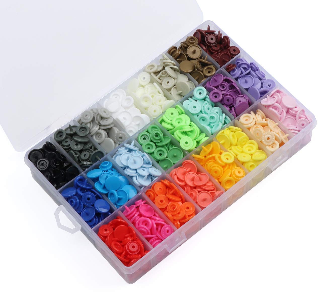 FOUORTUNATE-BEE Knopf 360 Druckknöpfe Set 24 Farben mit Box für Nähen Basteln Kleidung, Druckknopf Set 360 Stück 24 Farben mit Aufbewahrungsbox DIY