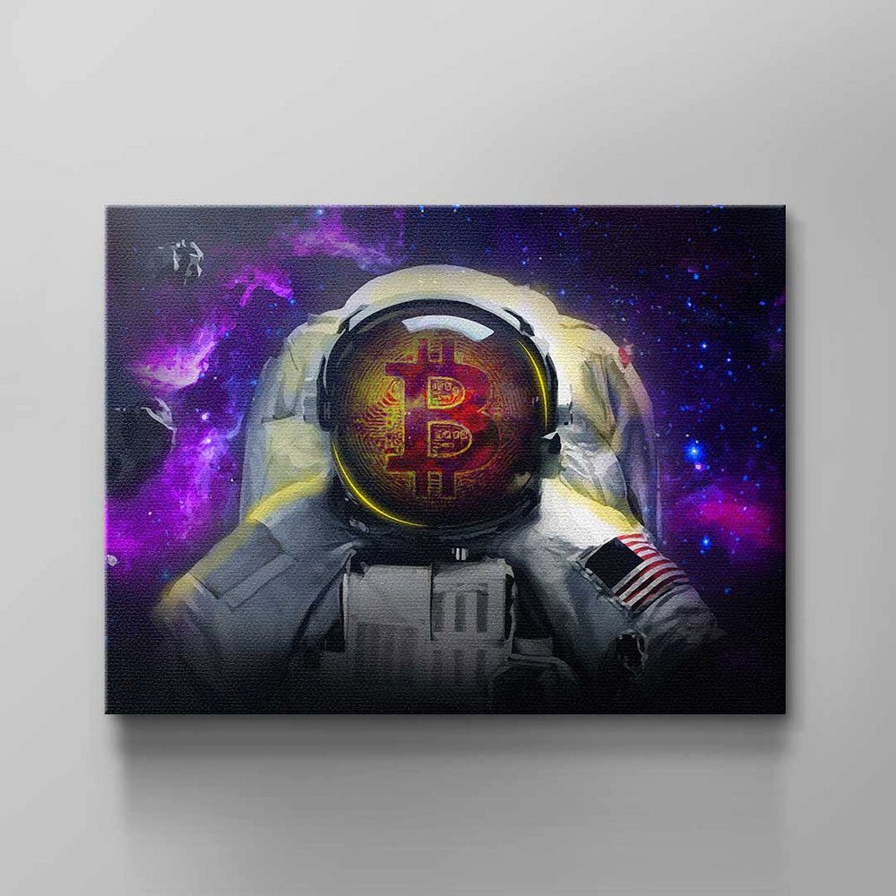 bl lila Wandbild Astronaut Raumanzug violett Bitcoin Helm Motivation Astronaut, DOTCOMCANVAS® Bitcoin Leinwandbild Rahmen ohne