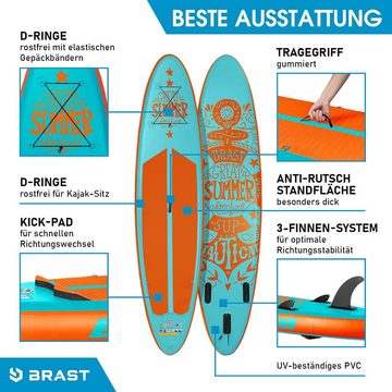 BRAST SUP-Board Summer Aufblasbares Stand up Paddle Set - 320x81x15cm, 5 Jahre Garantie inkl. Sonderzubehör, (2in1 Paddel Kajak-Sitz Action-Cam-Halterung), Fußschlaufe Paddel Pumpe Rucksack