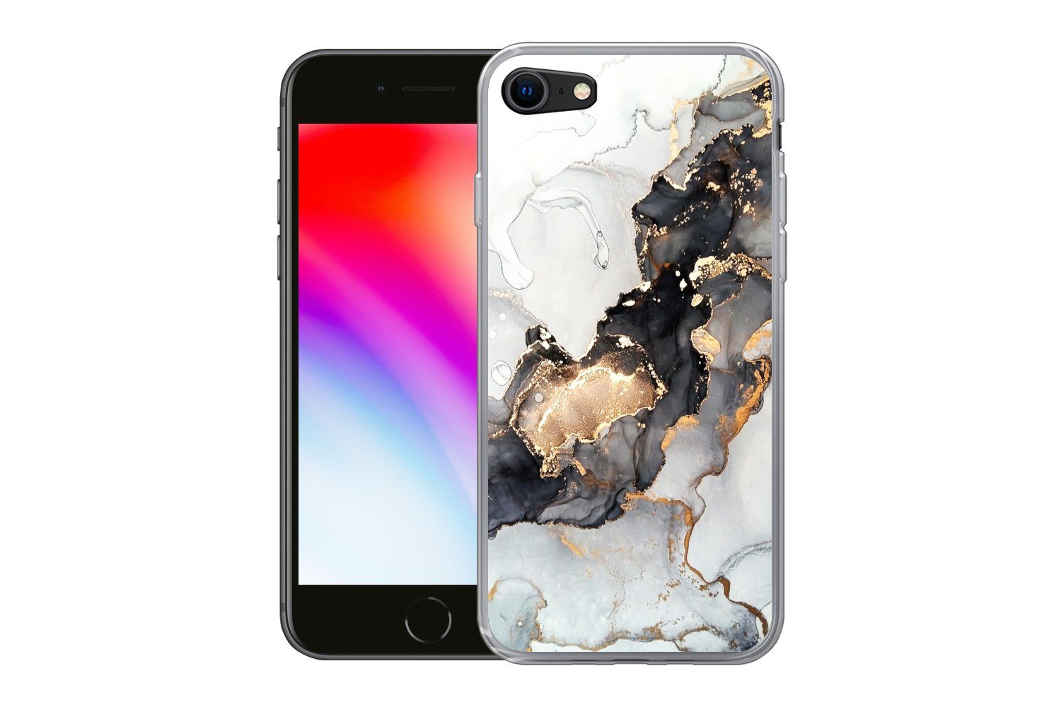 MuchoWow Handyhülle für Apple iPhone 8 Marmor - Schwarz - Weiß - Gold - Luxus - Abstrakt, Smartphone-Bumper, Print, Handy Schutzhülle Dünn
