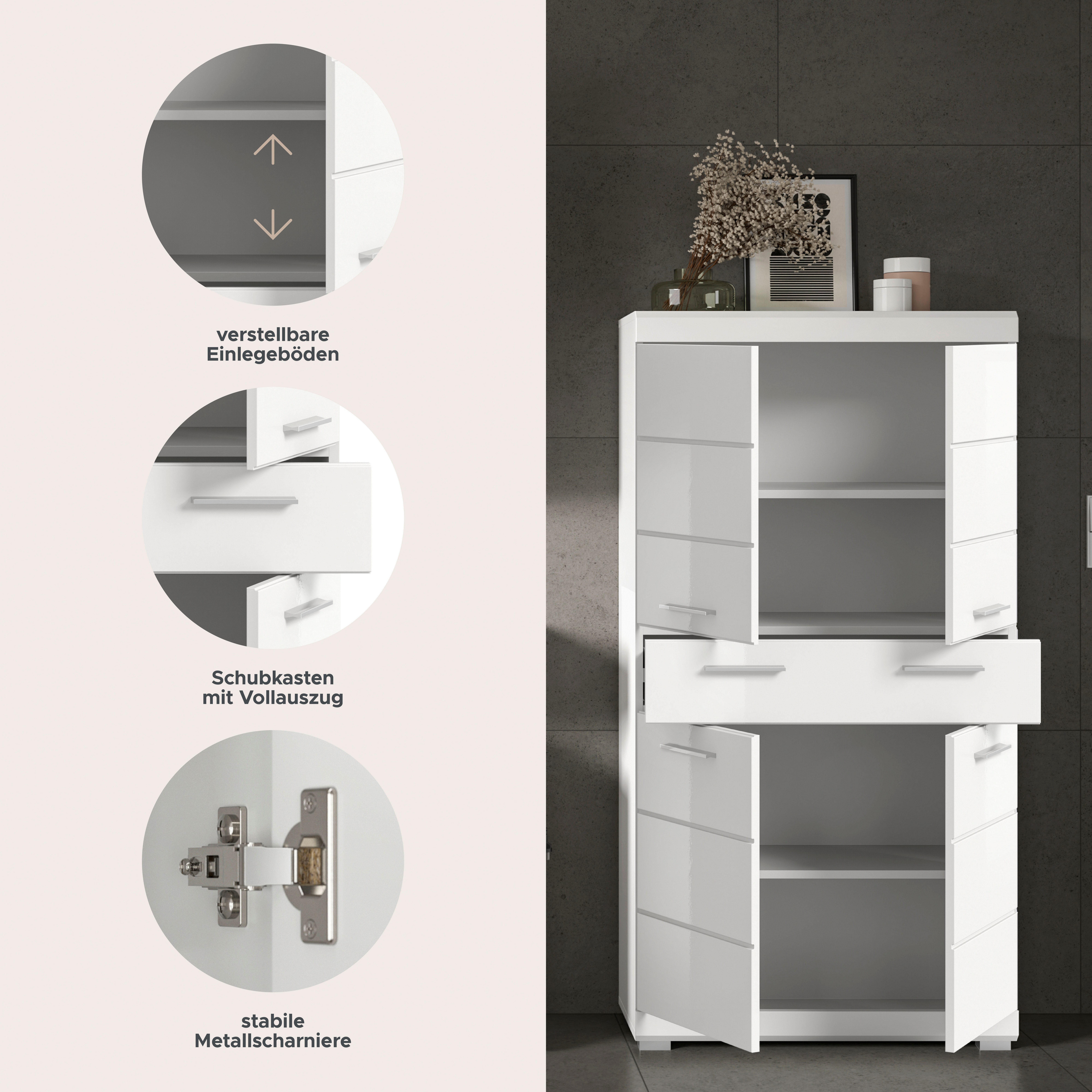 welltime Midischrank SIENA, Breite 74cm, 4 Türen, 1 Schubkasten, 4 Fächer, MDF-Front (TOPSELLER) in verschiedenen Farben erhältlich, Badmöbel, Badschrank, Schrank, Bad