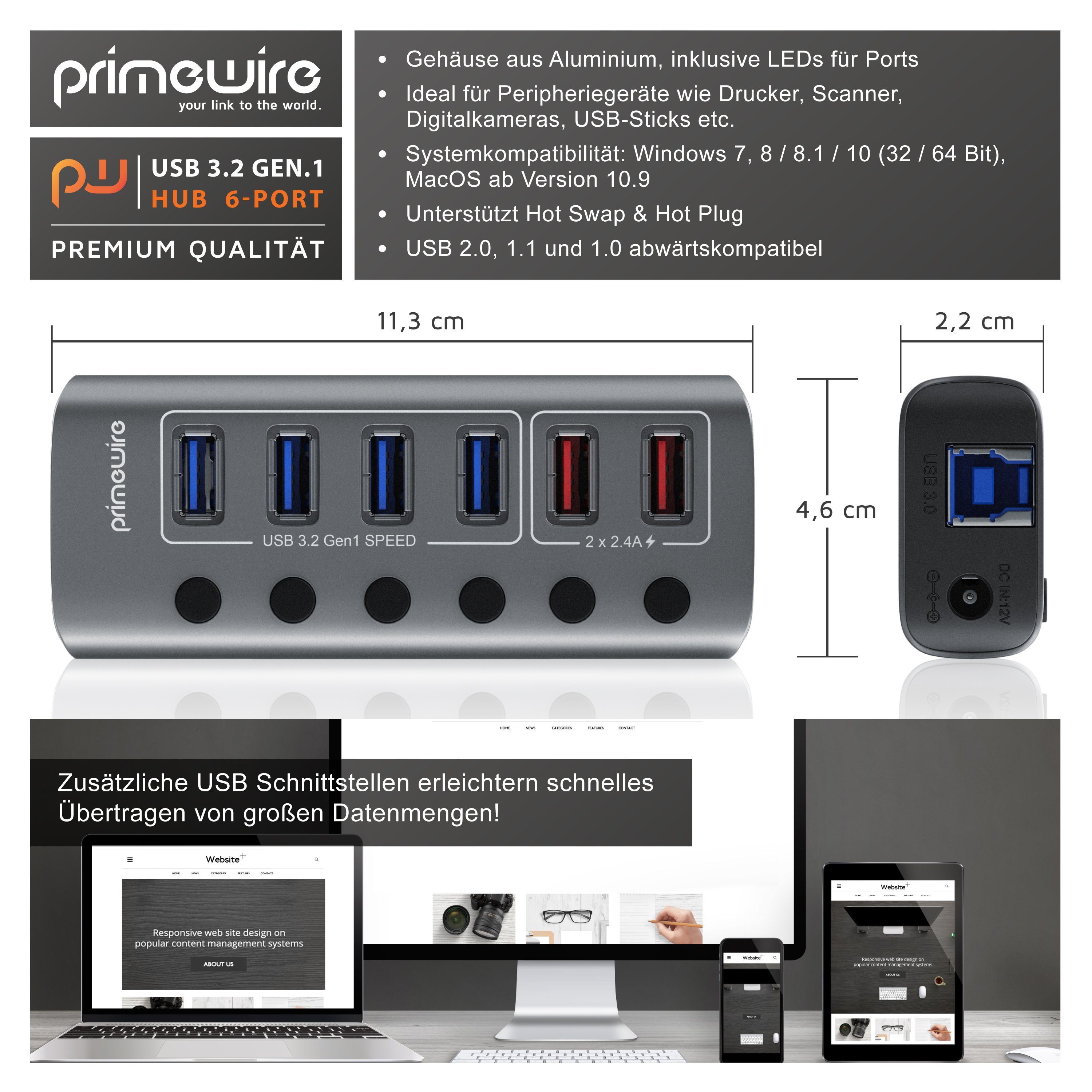 Primewire USB 3.2 Hub 6-Port aktiv mit Netzteil USB-Adapter USB-A zu USB-A, 120 cm, USB 3.2 Gen1 Hub, 6 Port Verteiler aktiv mit Netzteil, 5 Gbit/s – Bild 2 von 5