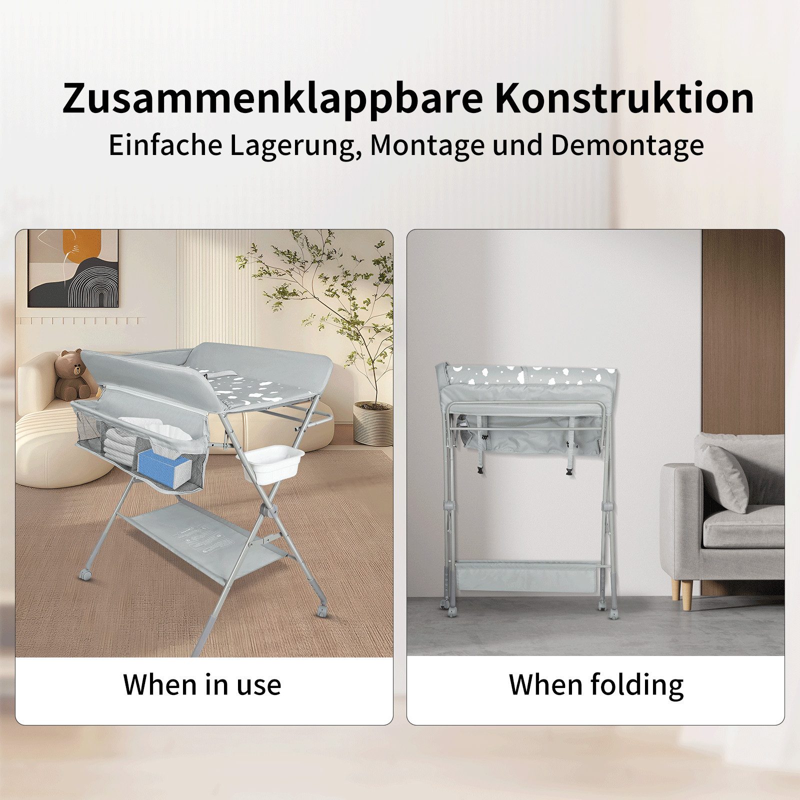 JEOBEST Wickeltisch Mobiler Wickelkommode Klappbar( Neues Upgrade! ) Weich, Wasserdicht und Höhenverstellbar,mit Sicherheitsgurt und Ablagefächern – Bild 5 von 5