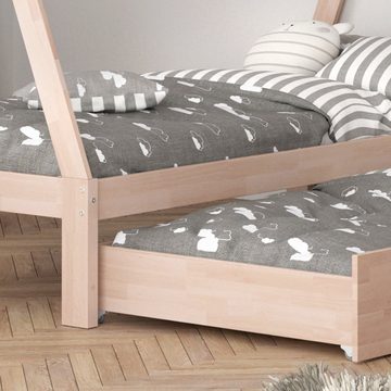 VitaliSpa® Kinderbett Kinderhausbett Umbau 90x200cm TIPI Natur Bettschublade Matratze