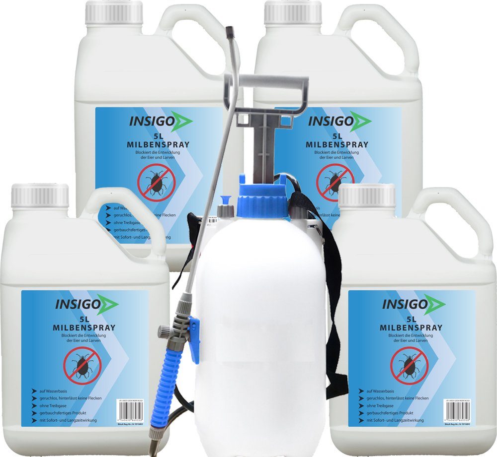 INSIGO Insektenspray Anti Milben-Spray Milben-Mittel Ungezieferspray, 20 l, auf Wasserbasis, geruchsarm, brennt / ätzt nicht, mit Langzeitwirkung