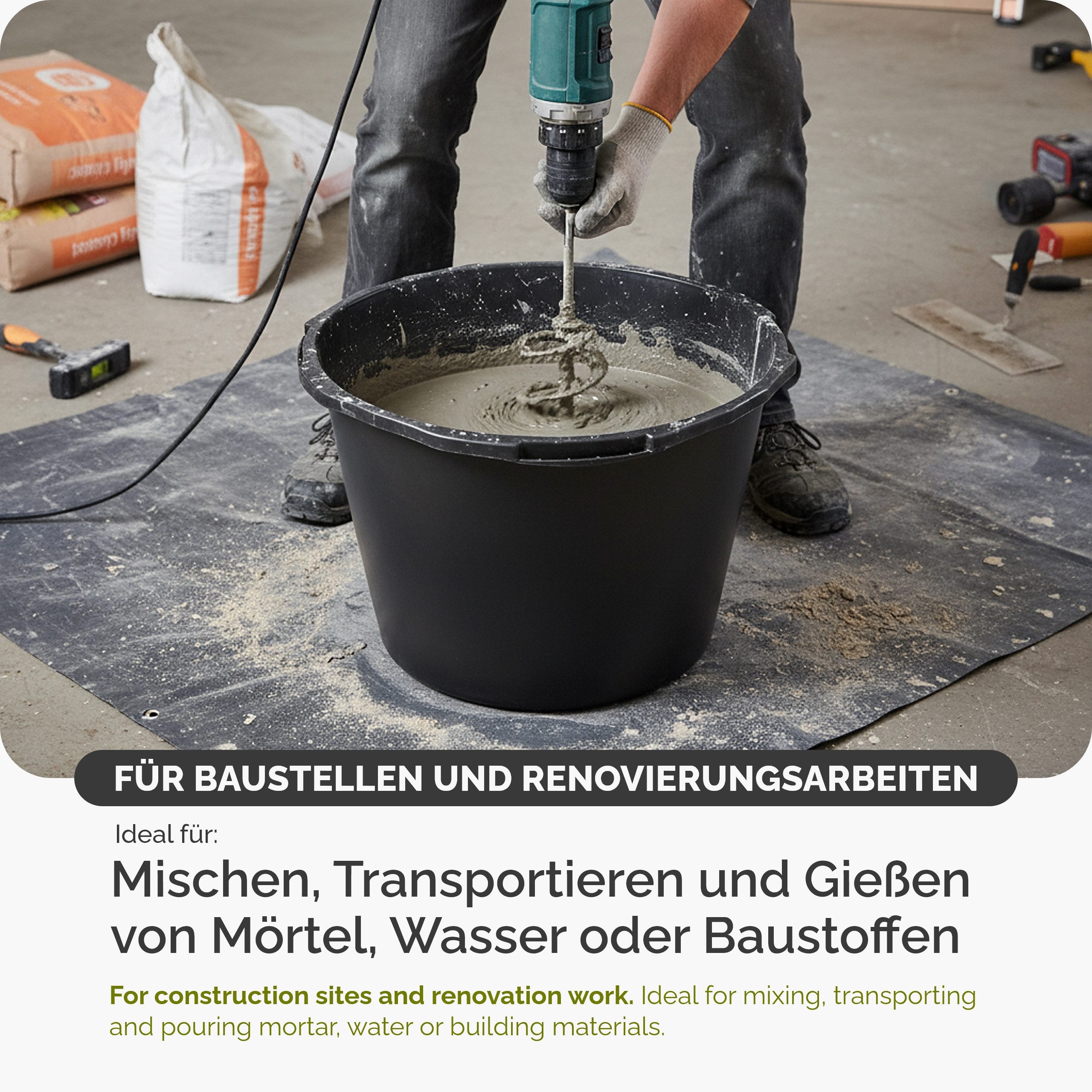 Garronda Mörtelkübel Rund Mörtelkübel Maurerkübel Kunststoffwanne Mörtelkasten GD-0170, (Set, 2-tlg., 2), Mischen von Beton, Mörtel, Gips, Kleber, Sand, Erde, W – Bild 3 von 5