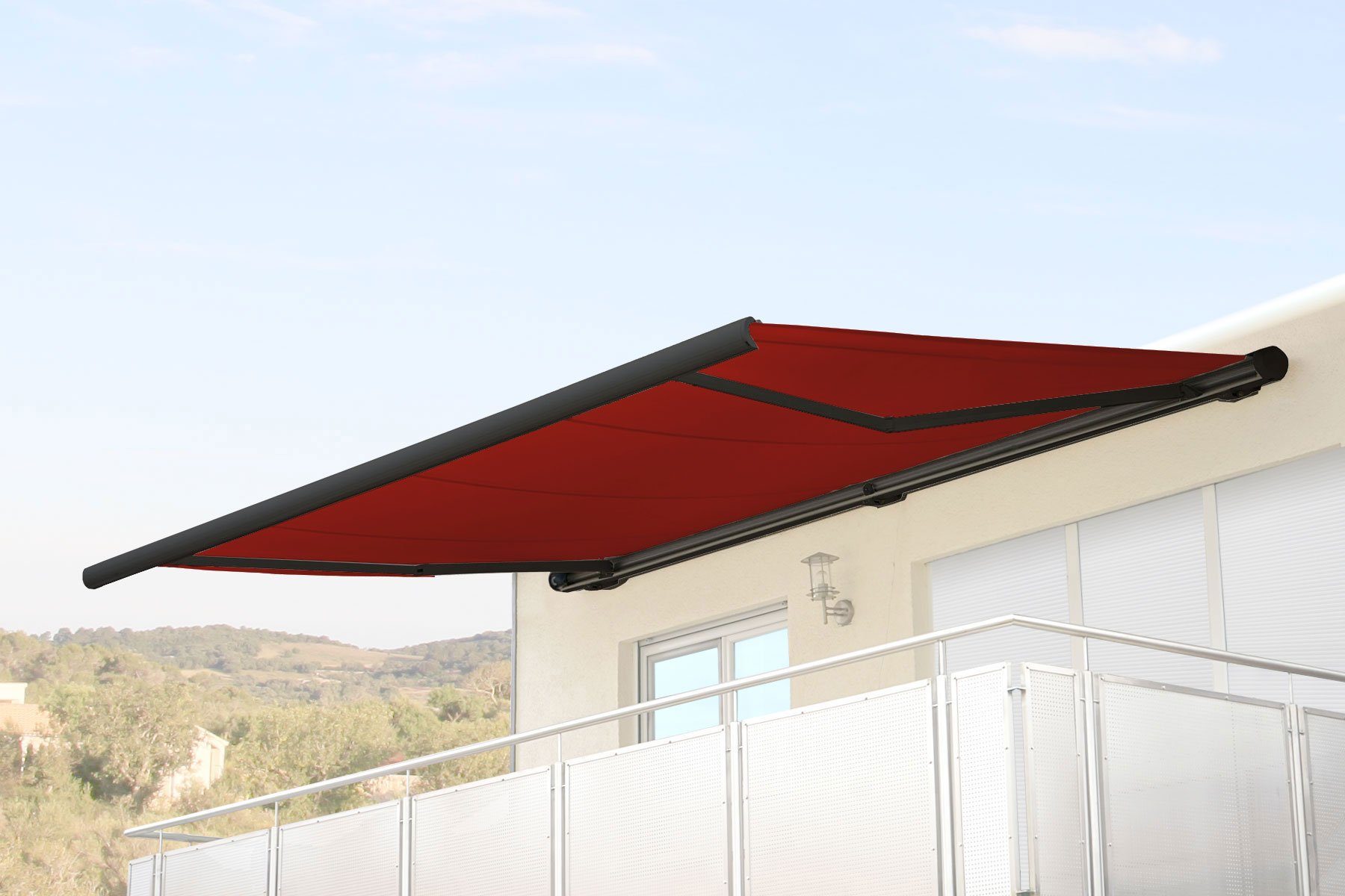 MCW Kassettenmarkise H123-4,5x3-oV Wandhalterung, Stahlankerbolzen, Handkurbel, Markenmotor mit 205 Watt