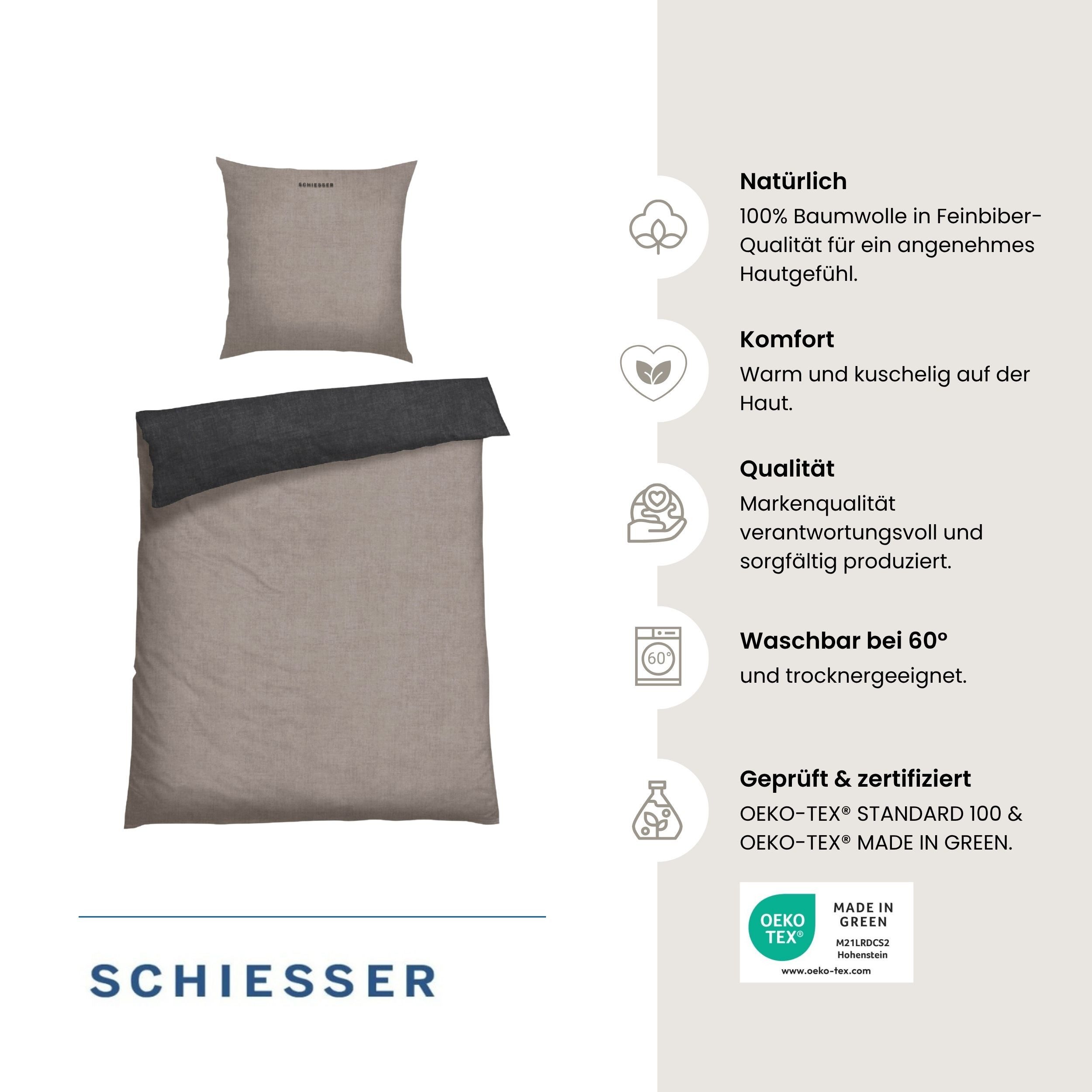 Schiesser Wendebettwäsche Doubleface aus weicher Baumwolle mit edlem Melangeeffekt, Feinbiber, 2 teilig, ab Größe 135x200 cm erhältlich, OEKO-TEX® MADE IN GREEN – Bild 2 von 5
