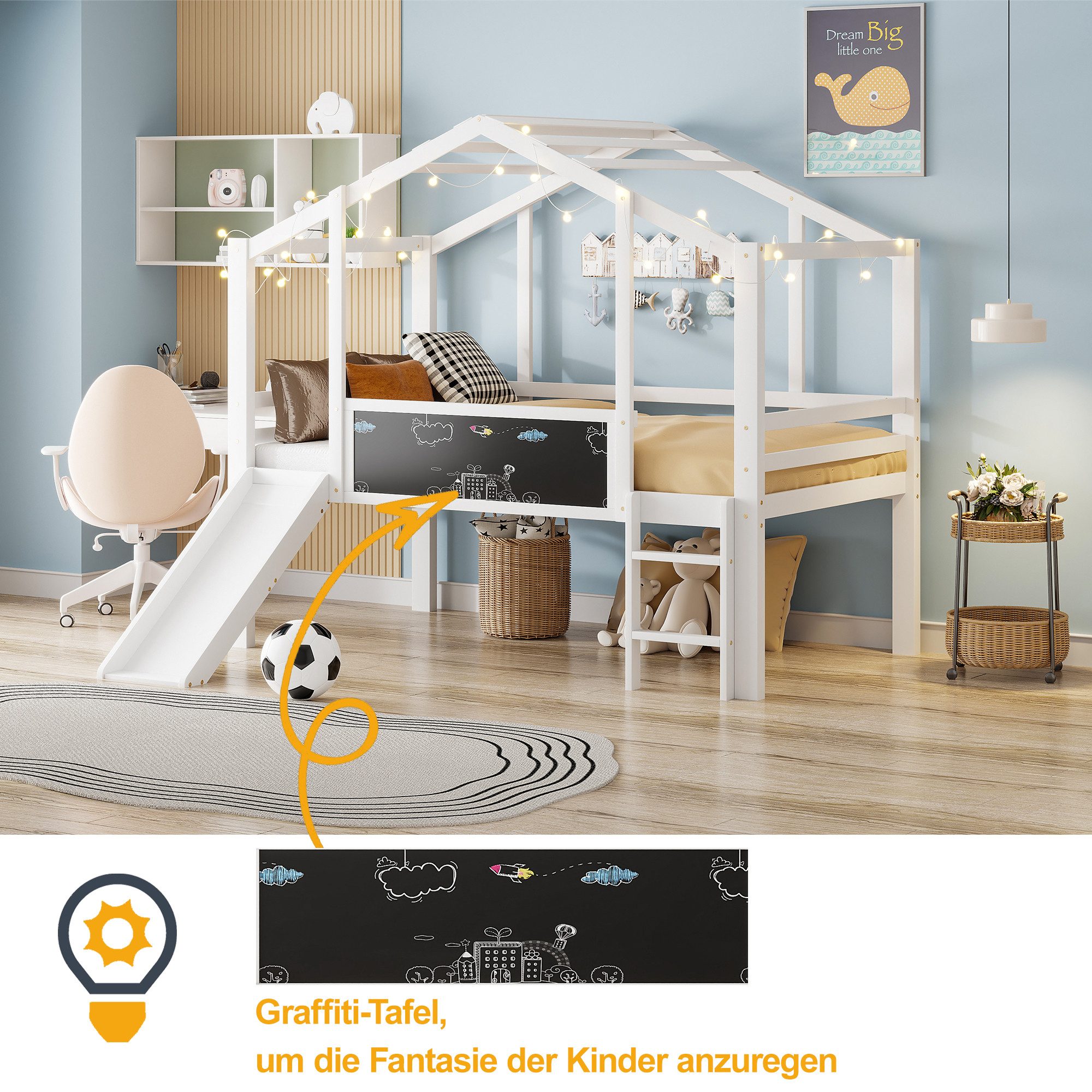 Flieks Hochbett Kinderbett Hausbett 90x200cm mit Graffiti-Tafel, Leiter und Rutsche – Bild 4 von 5