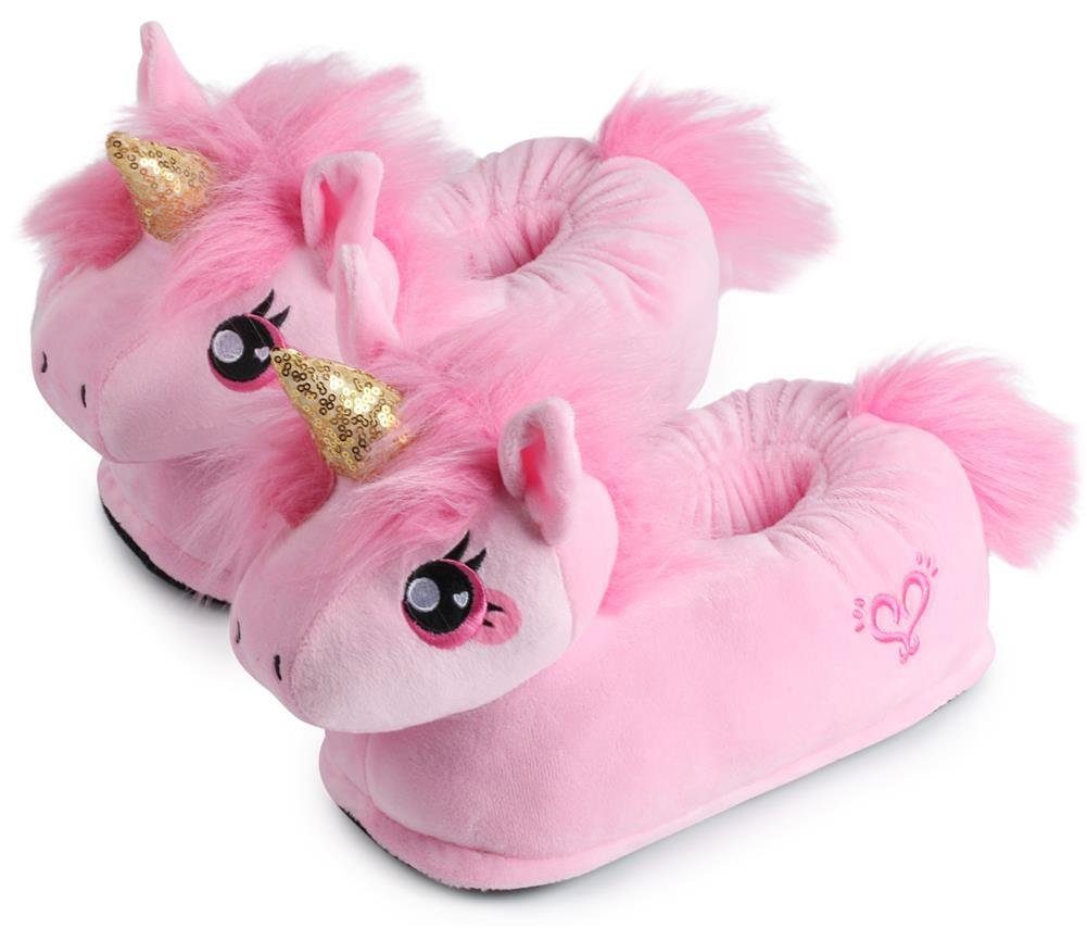 Corimori Tier Pantoffeln für Erwachsene Einheitsgröße 34-44 Plüsch Hausschuhe (Packung) EU Einheitsgröße 34-44, Rose das Einhorn, für Kinder und Erwachsene