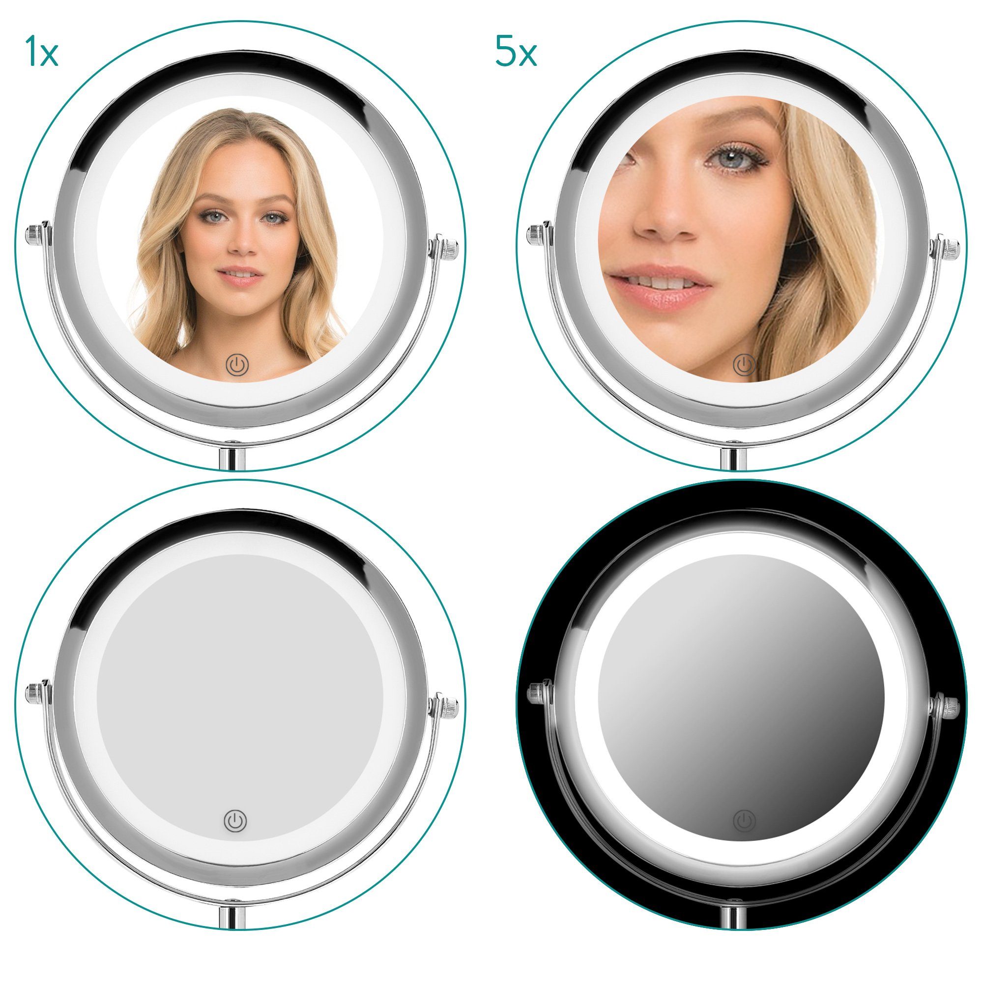 Vergrößerung Dimmer mit spiegelnd (1-St) Kosmetikspiegel LED-Kosmetikspiegel Navaris Silber 5-facher und