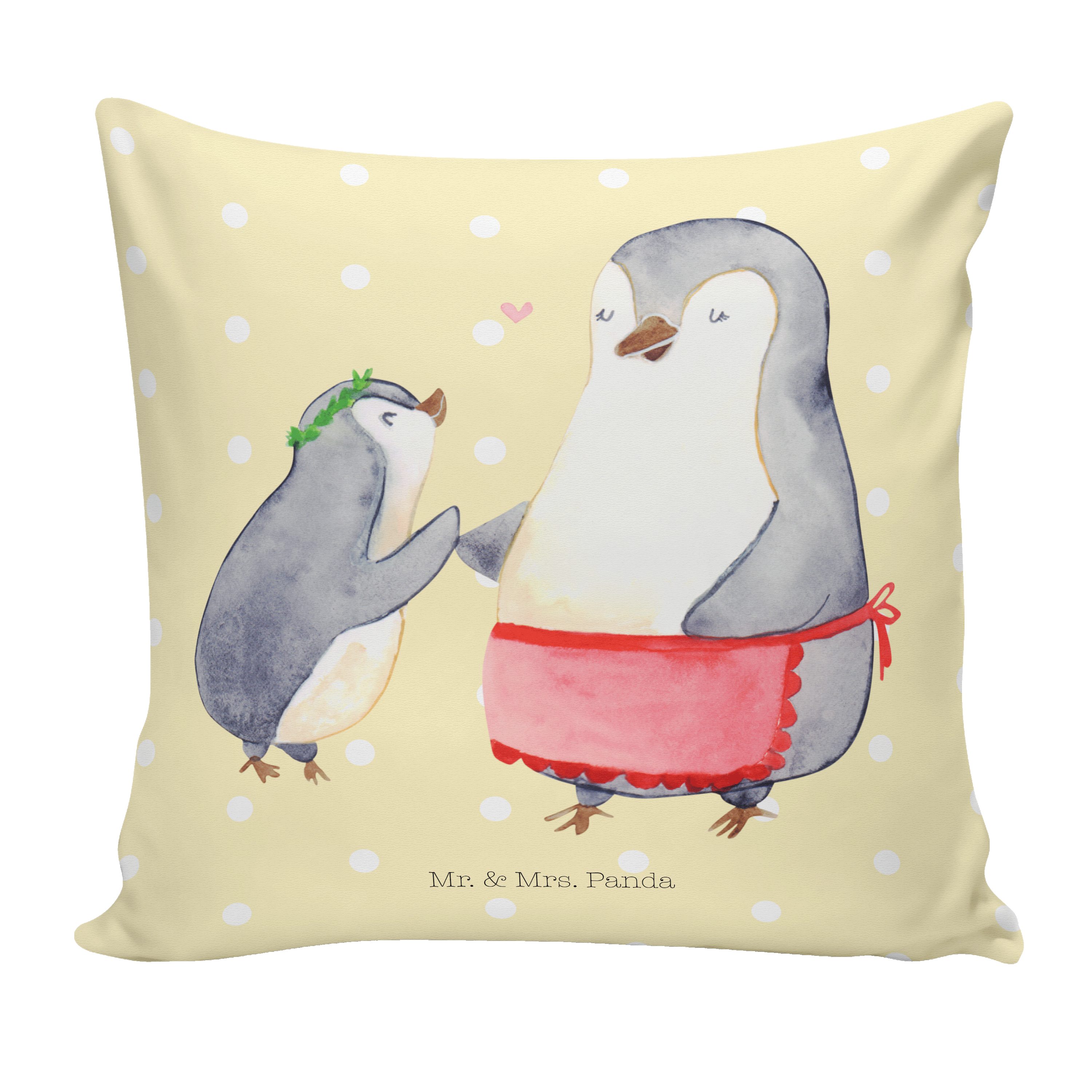 Mr. & Mrs. Panda Dekokissen Pinguin mit Kind - Gelb Pastell - Geschenk, Opa, Mutti, Familie, Vate | Dekokissen