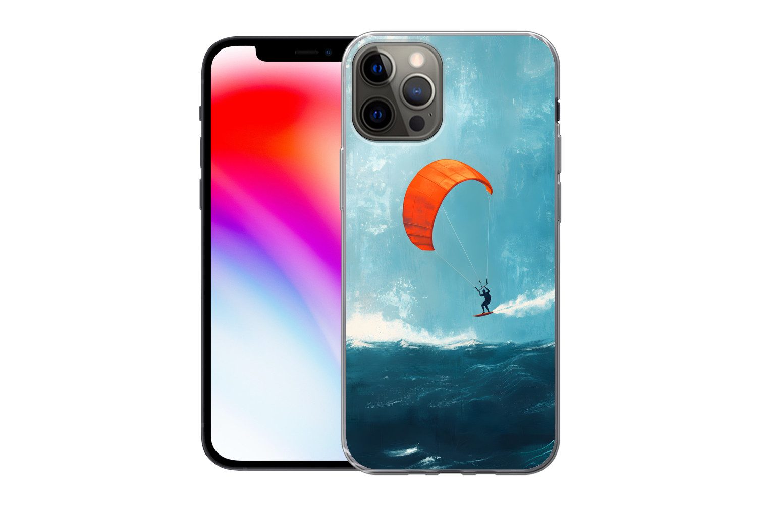 MuchoWow Handyhülle für Apple iPhone 12 Pro Kitesurfer - Orange - Meer - Himmel, Smartphone-Bumper, Print, Handy Schutzhülle Dünn