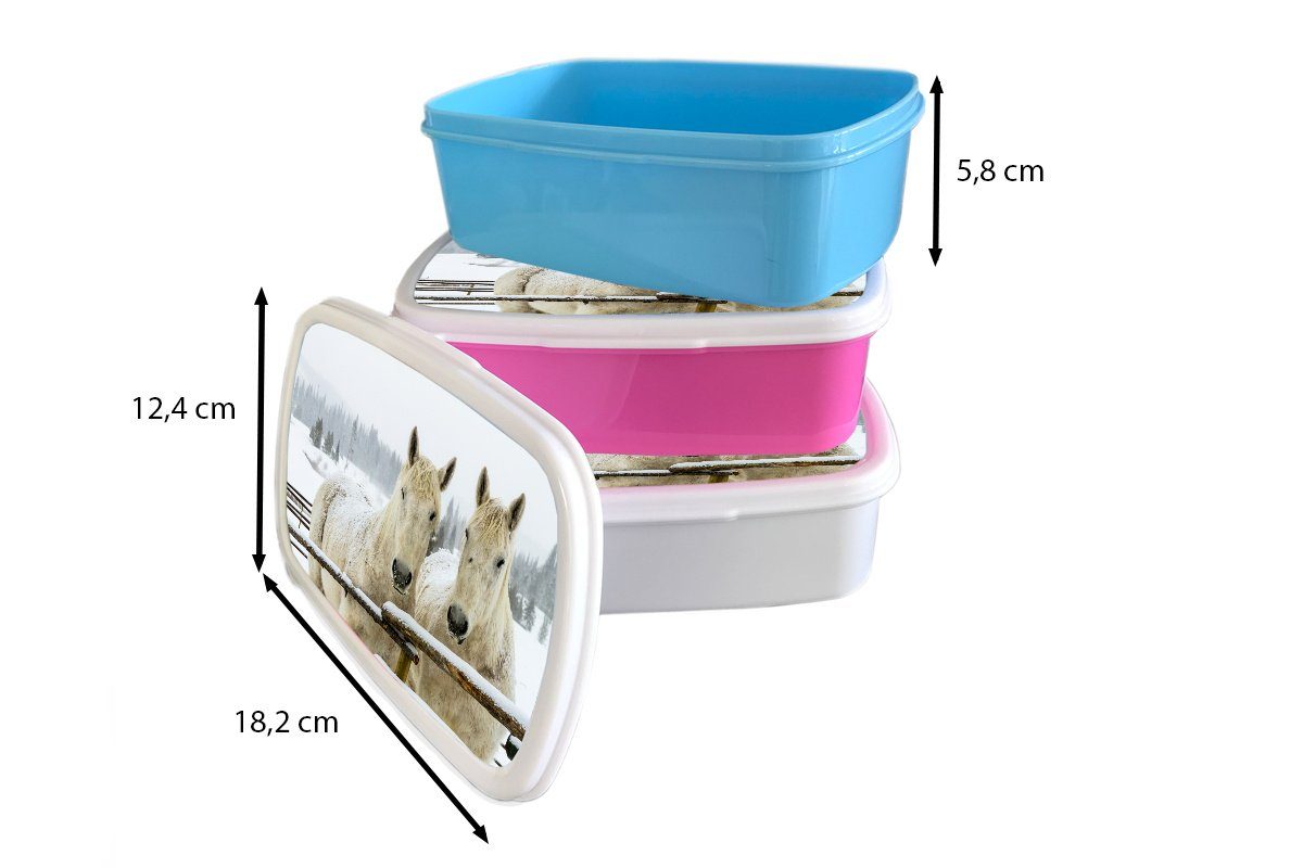 Kunststoff Kunststoff, - - Lunchbox (2-tlg), für Brotbox Schnee Snackbox, Kinder, Zaun, MuchoWow Brotdose Erwachsene, rosa Pferde Mädchen,