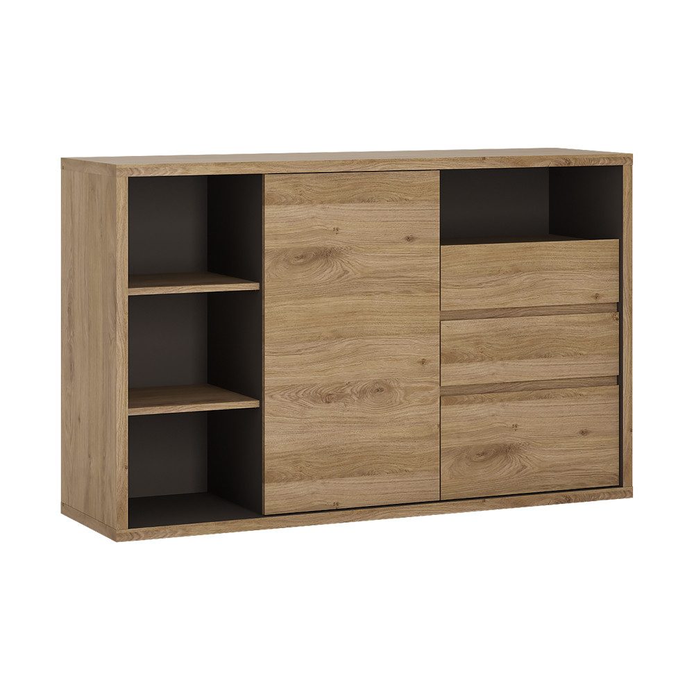 Lomadox Sideboard SELMA-129, in Eiche mit offenen Fächern, grifflose Türen und Schubkästen