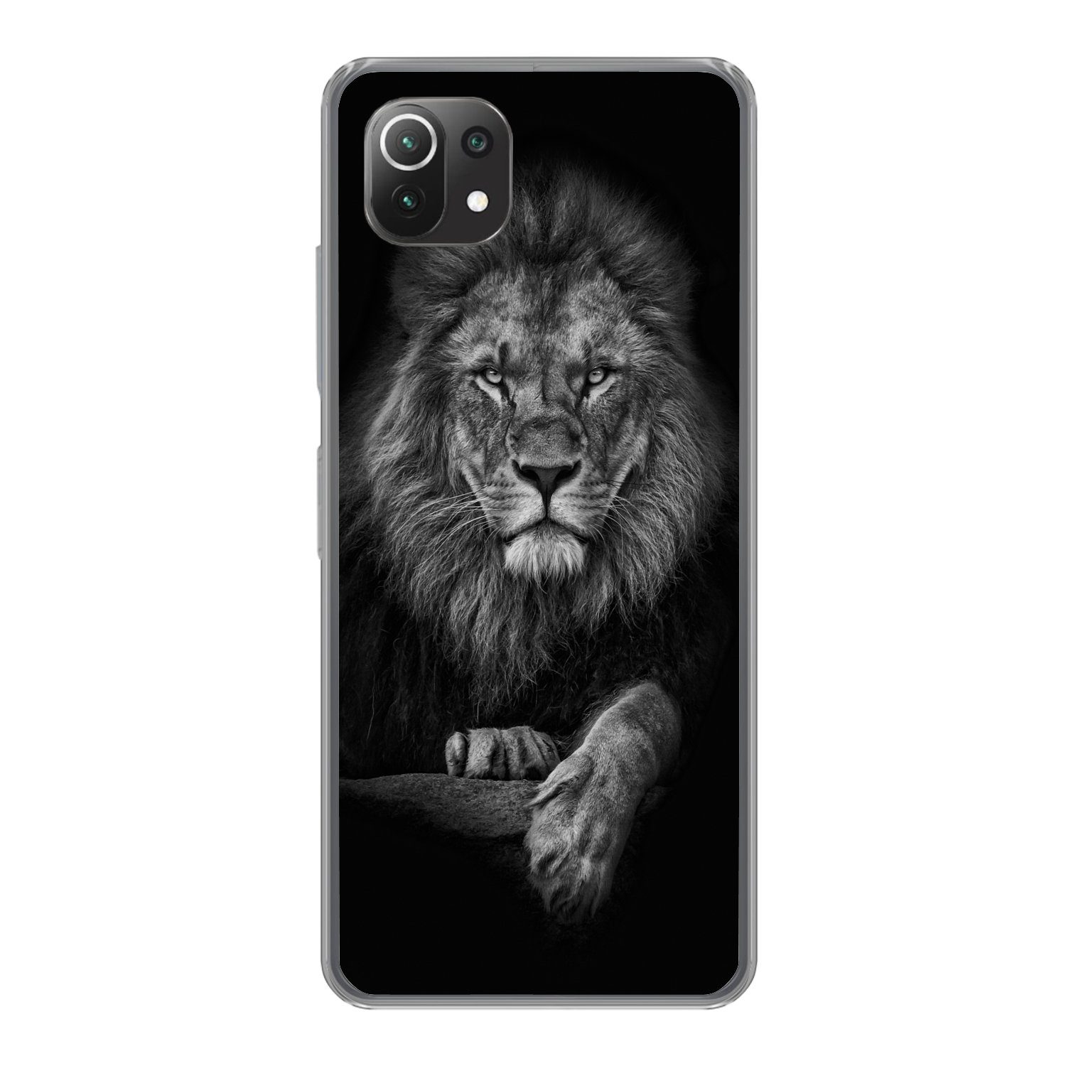 MuchoWow Handyhülle für Xiaomi Mi 11 Lite Löwe - Tiere - Schwarz - Weiß, Phone Case, Silikon, Schutzhülle Dünn