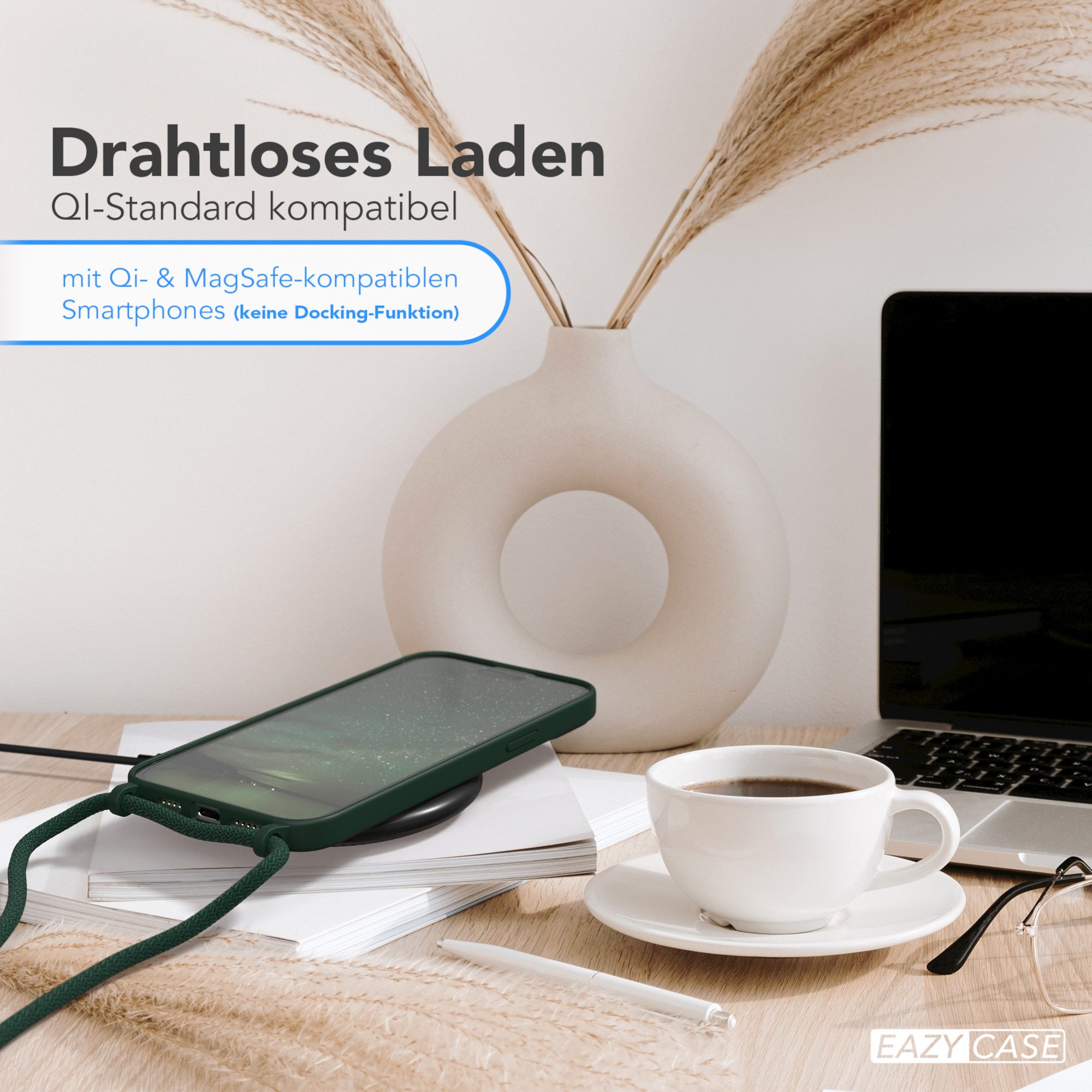 EAZY CASE Handykette Runde Kette für Apple iPhone 15 Plus 6,7 Zoll, Handykette zum Umhängen Slim Phone Chain Festivalbag Smartphone Grün