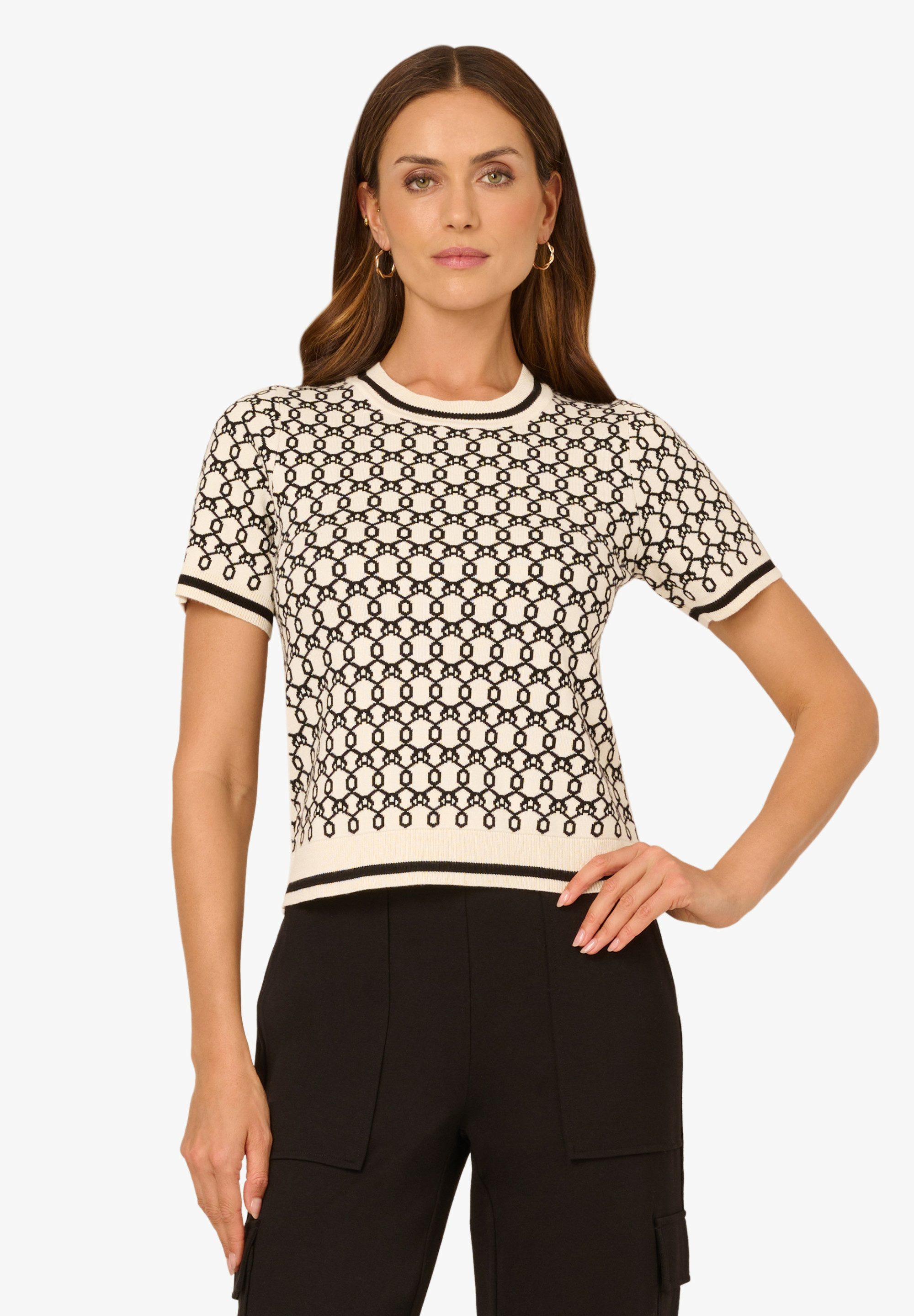 Adrianna Papell Stricktop Crew Neck Patterned Tipped Short Sleeve Pullover Sweater Elegant, zeitlos, stilvoll