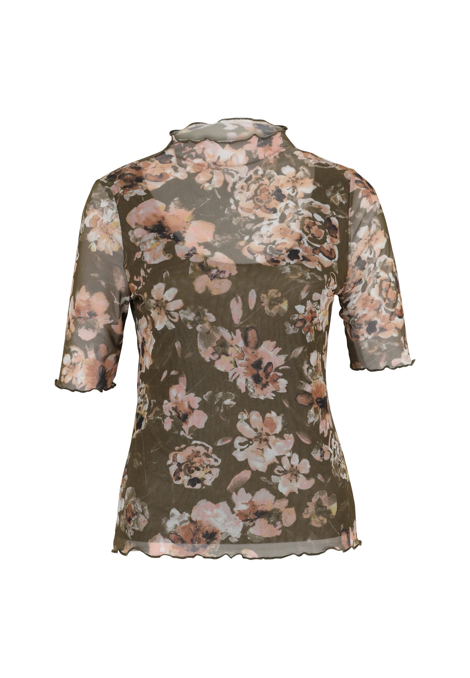 Zero Kurzarmshirt Damen Mesh-Blumen-Shirt mit hohem Kragen (1-tlg) Rüschen günstig online kaufen