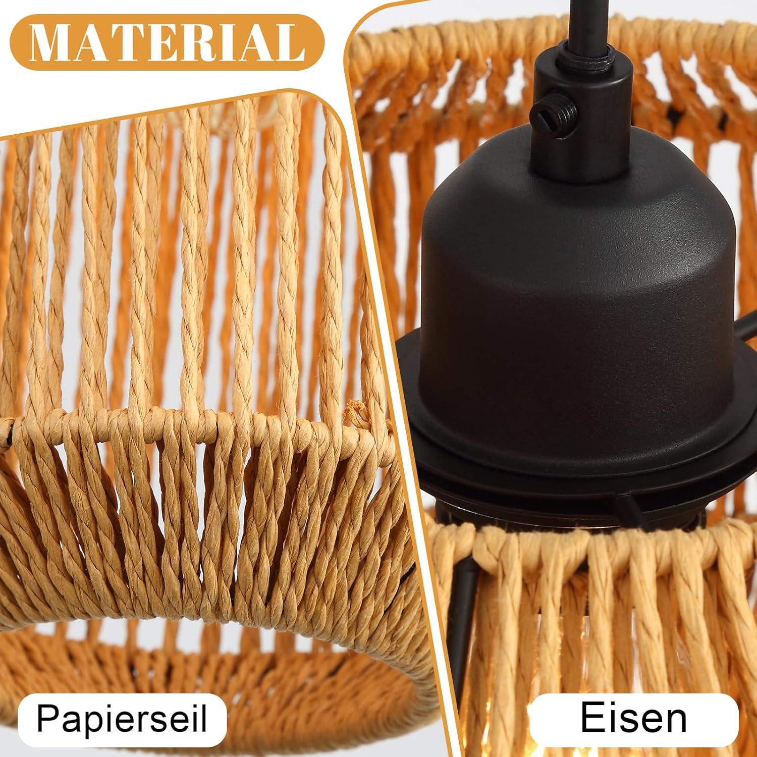 Nettlife Pendelleuchte Rattan 3 flammig Boho E27 Hängeleuchte für Esstisch, Ohne Leuchtmittel, für Esstisch Esszimmer Schlafzimmer Wohnzimmer – Bild 4 von 5