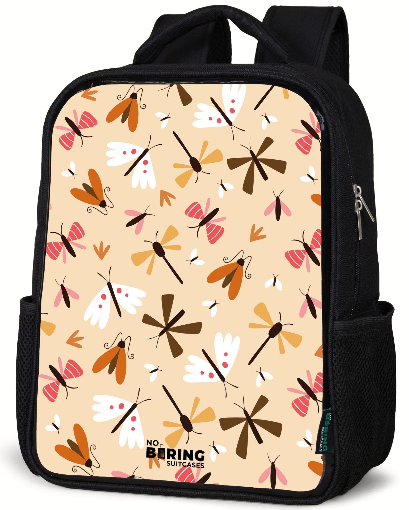 Rucksack Insektenmuster in Braun, Rosa und Orange auf beigem Hintergrund