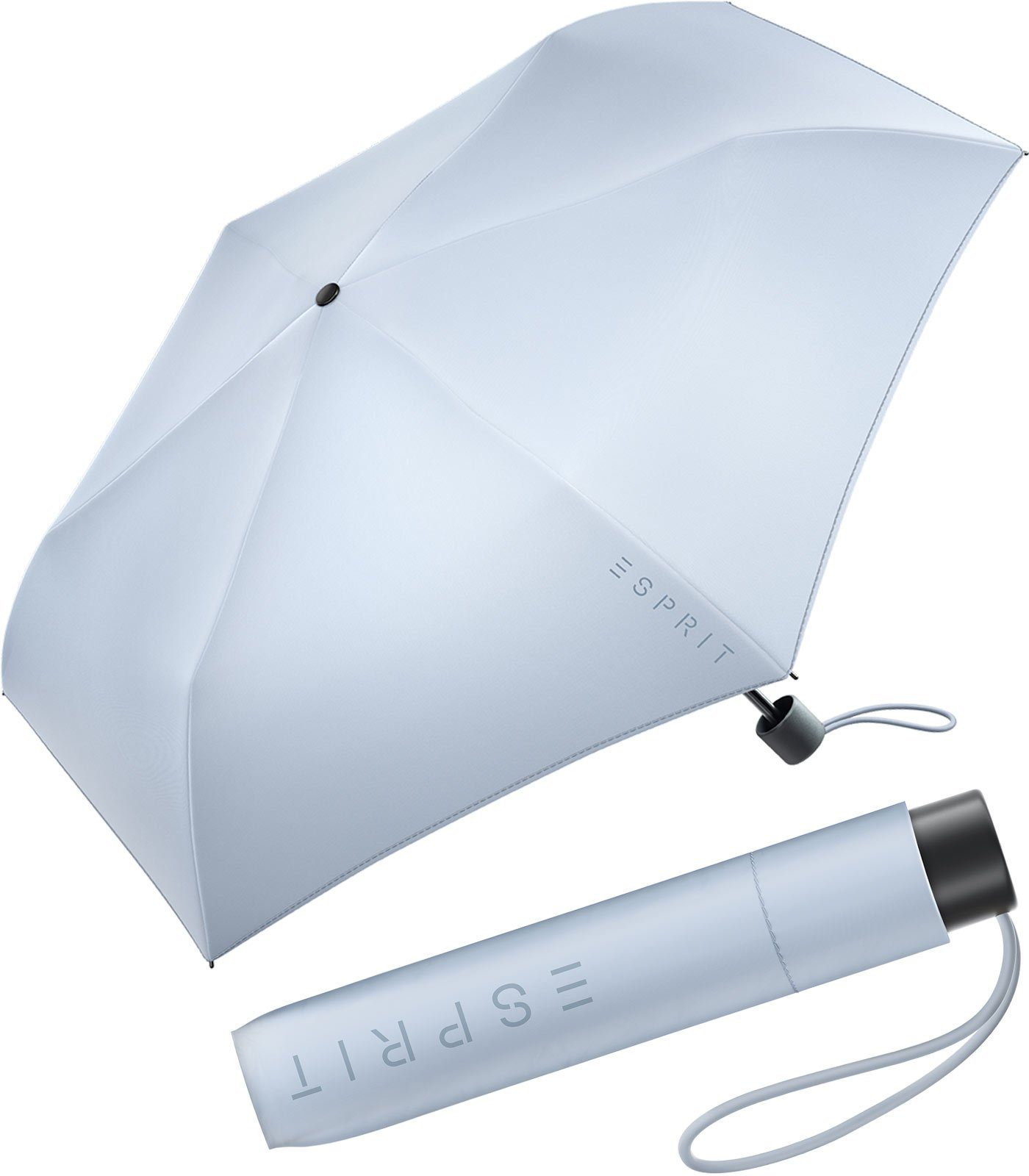 Esprit Taschenregenschirm Mini Regenschirm Damen Slimline FJ 2022, sehr leicht, in den neuen Trendfarben blau