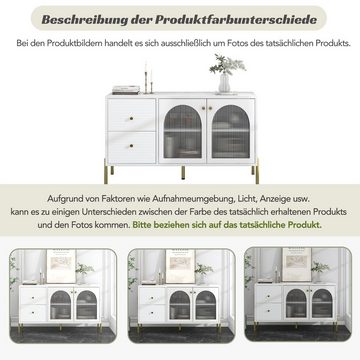 OKWISH Sideboard Schrank mit 2 Türen und 2 Schubladen, 120 cm langes weiß-goldenes Sideboard, Anrichte mit Glas