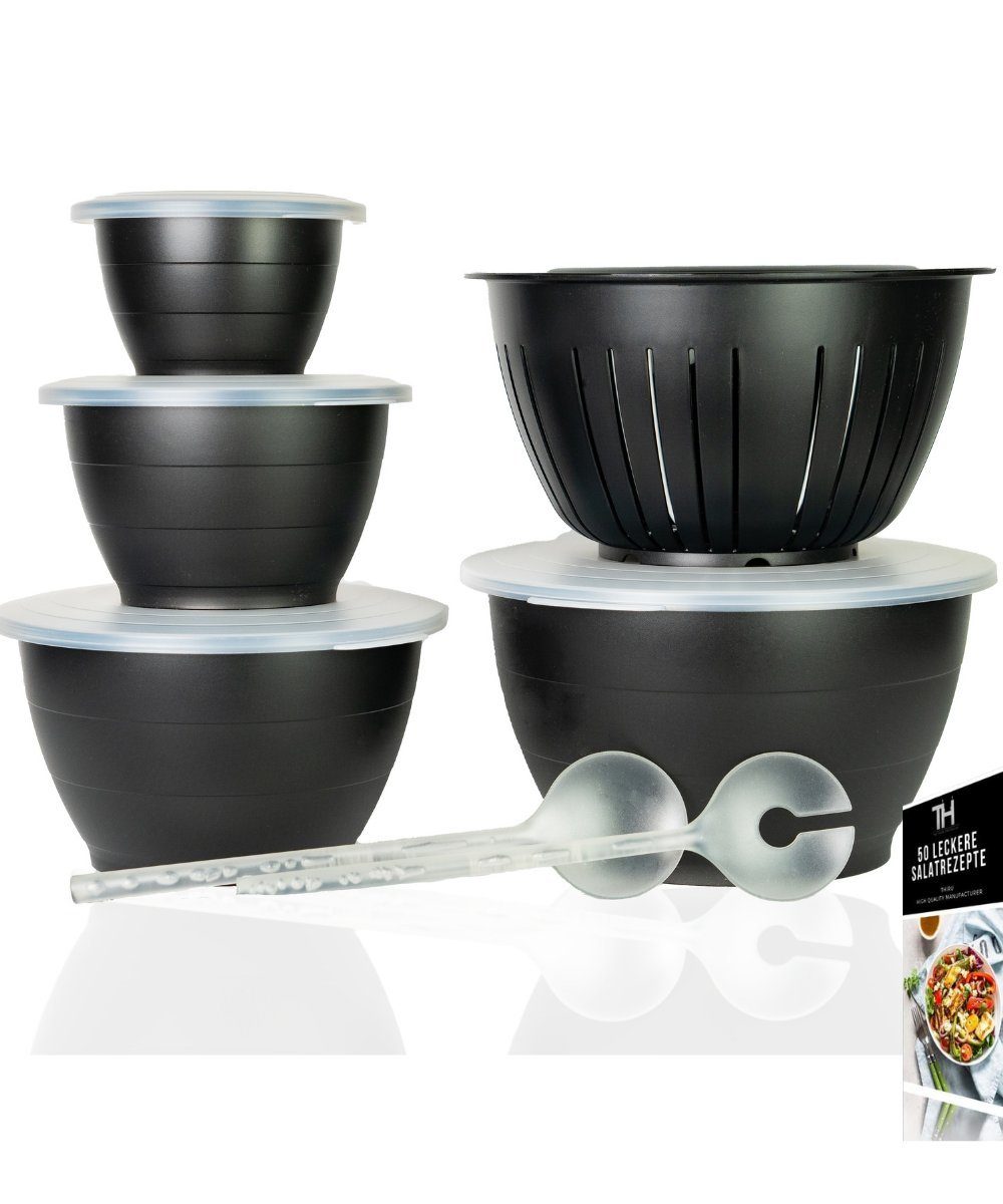 Salatschüssel 6 Teilig 0,6L/1,3L/2,5L/4,4L - mit Deckel, Seiher, Salatbesteck