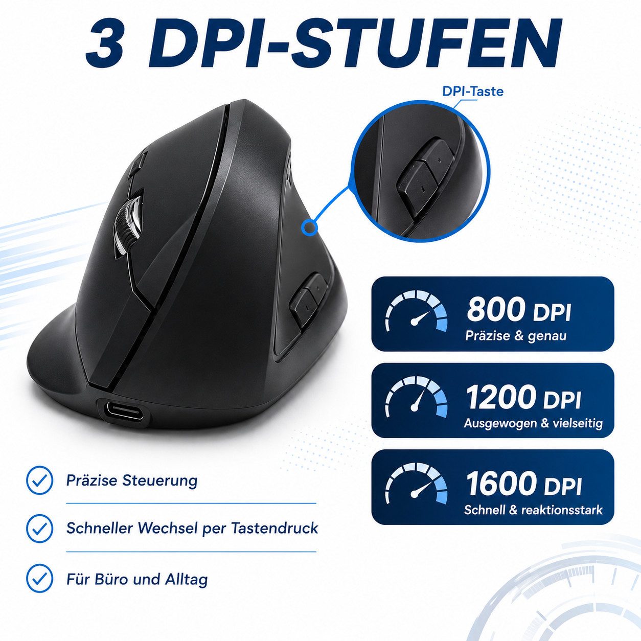 OYLCDI Ergonomische Vertikale Kabellose Maus, Vertikalmaus,Funkmäuse Mäuse (wiederaufladbarer USB-C, Bluetooth & 2,4G Dual-Verbindung, 3 DPI-Stufen 800/1200/160 – Bild 4 von 5