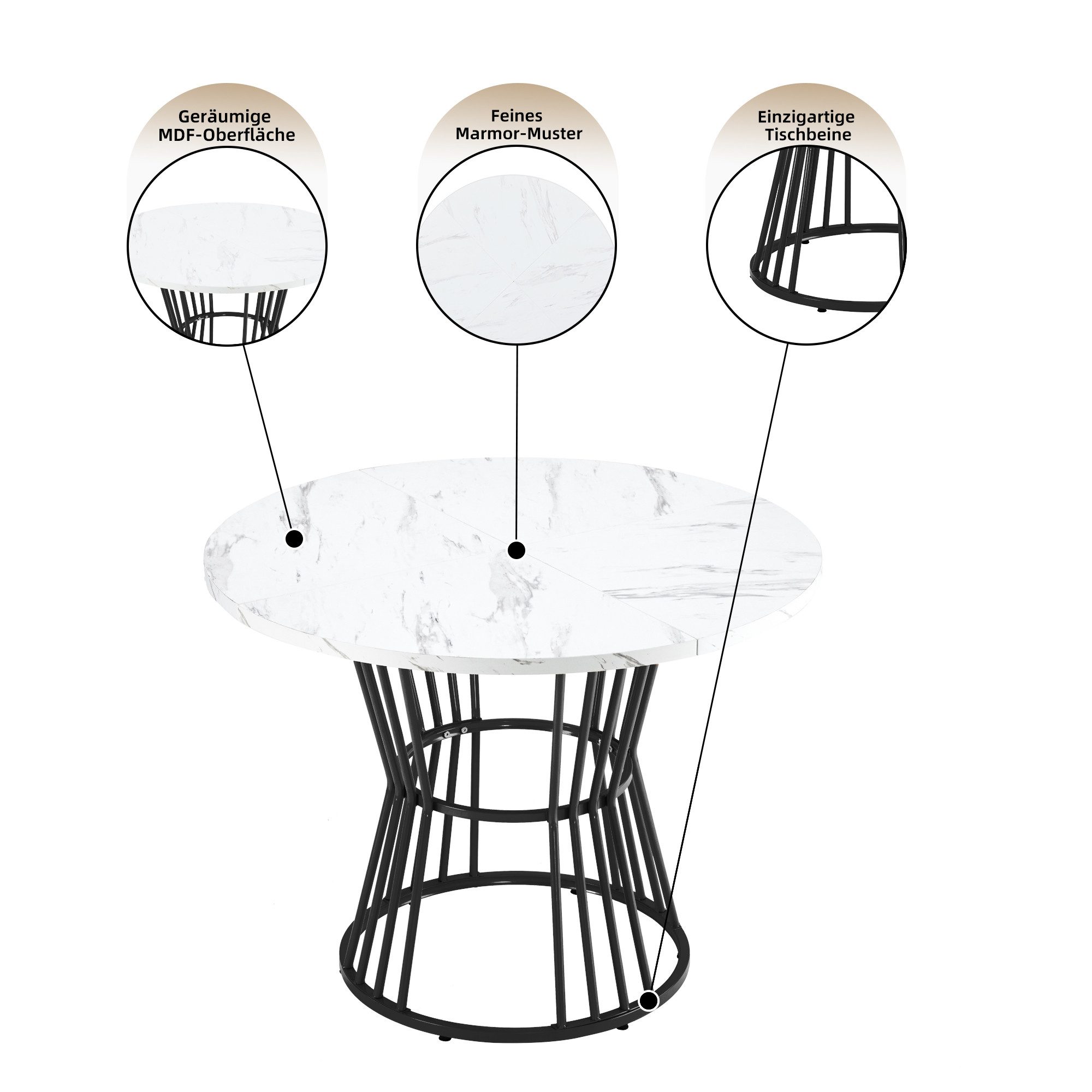 Flieks Esstisch runde Tischplatte in Marmoroptik Weiß (100x75 cm, 1-St., 1 Tisch), Küchentisch Bürotisch Multifunktionstisch, Metallgestell Schwarz – Bild 5 von 5
