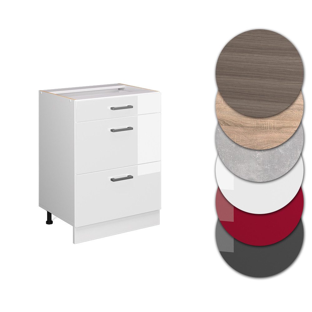 Vicco Unterschrank R-Line, Weiß Hochglanz/Weiß, 60 mit Schubladen, ohne Arbeitsplatte (1-St)