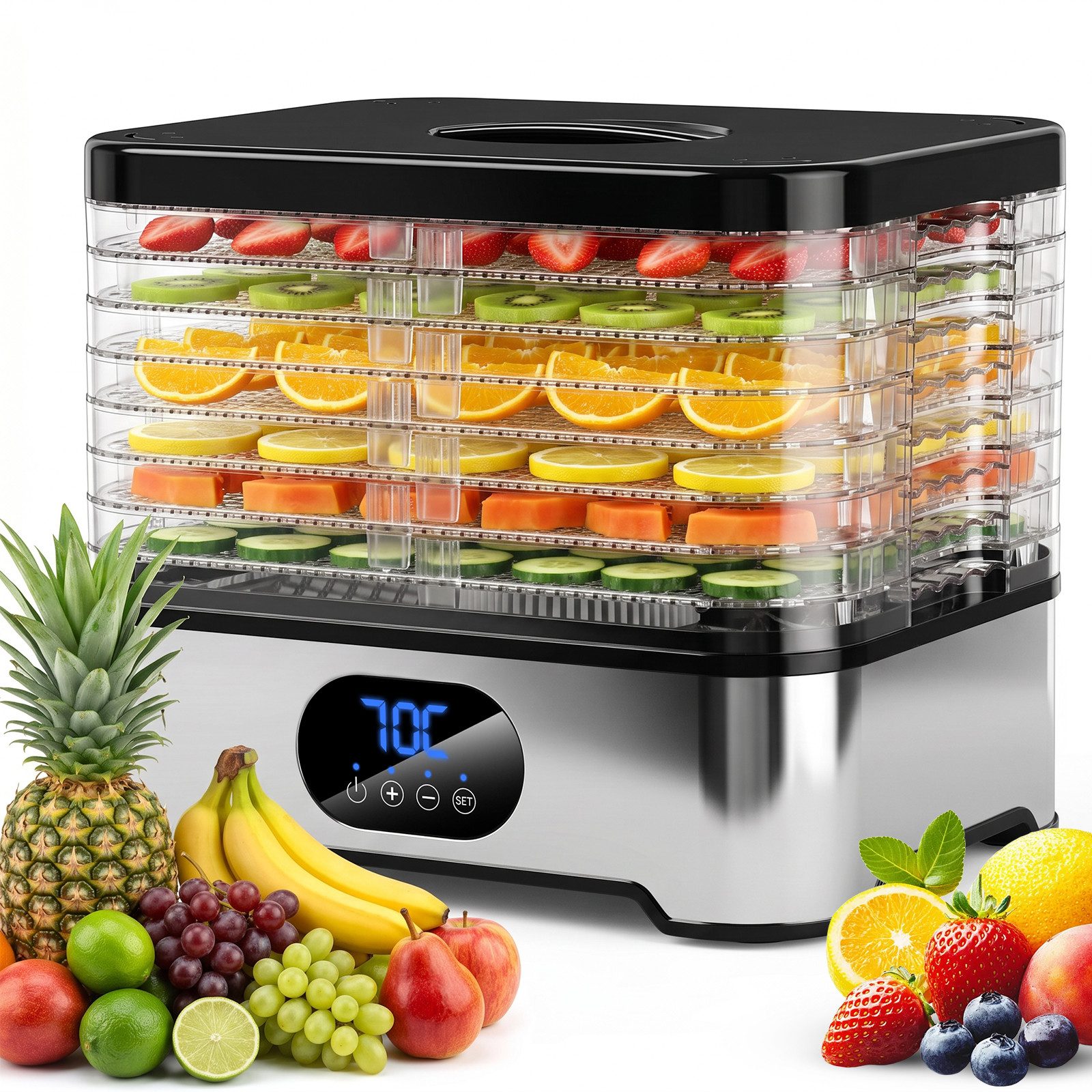 HS Onsing Dörrautomat Dörrgerät mit 8 Etagen, Edelstahl, Dehydrator bis 72h-Timer 45-70°C 400 W, 8 Etagen, …