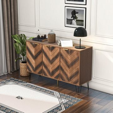 WISHDOR Sideboard Kommode mit 3 Türen und goldenen Metallgriffe (Sideboard), mit Fischgrätenmuster Dekor und Eisenfüße