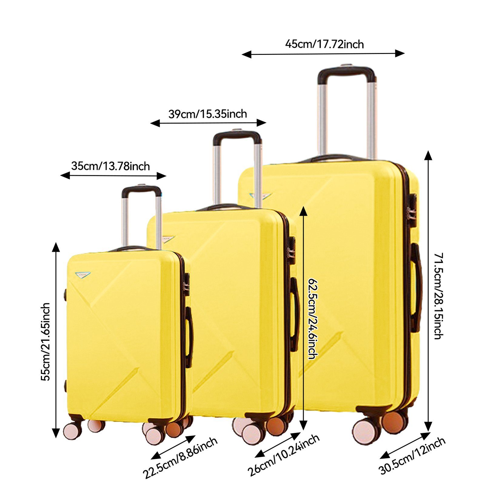 ABS-Material, Reisekoffer Set, Zahlenschloss 3-teiliges , mit Kofferset gelb Hartschalen-Handgepäck Rollkoffer, FUROKOY