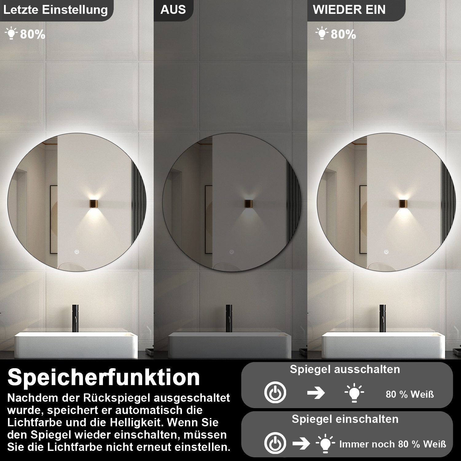 Duschparadies GmbH Badspiegel Wandspiegel mit LED Beleuchtung,Antibeschlag Badzimmerspiegel (Memory, Spiegel Bad mit Beleuchtung, Dimmbar, Antibeschlag) – Bild 4 von 5
