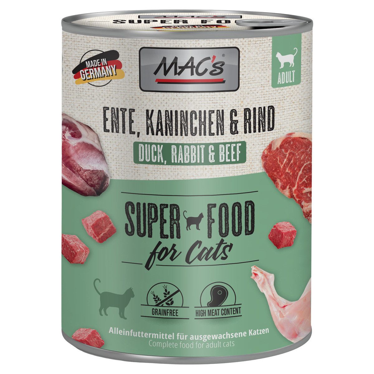 MAC'S Ente, Kaninchen & Rind 800 g - 6 Stück, Nassfutter für: Katze