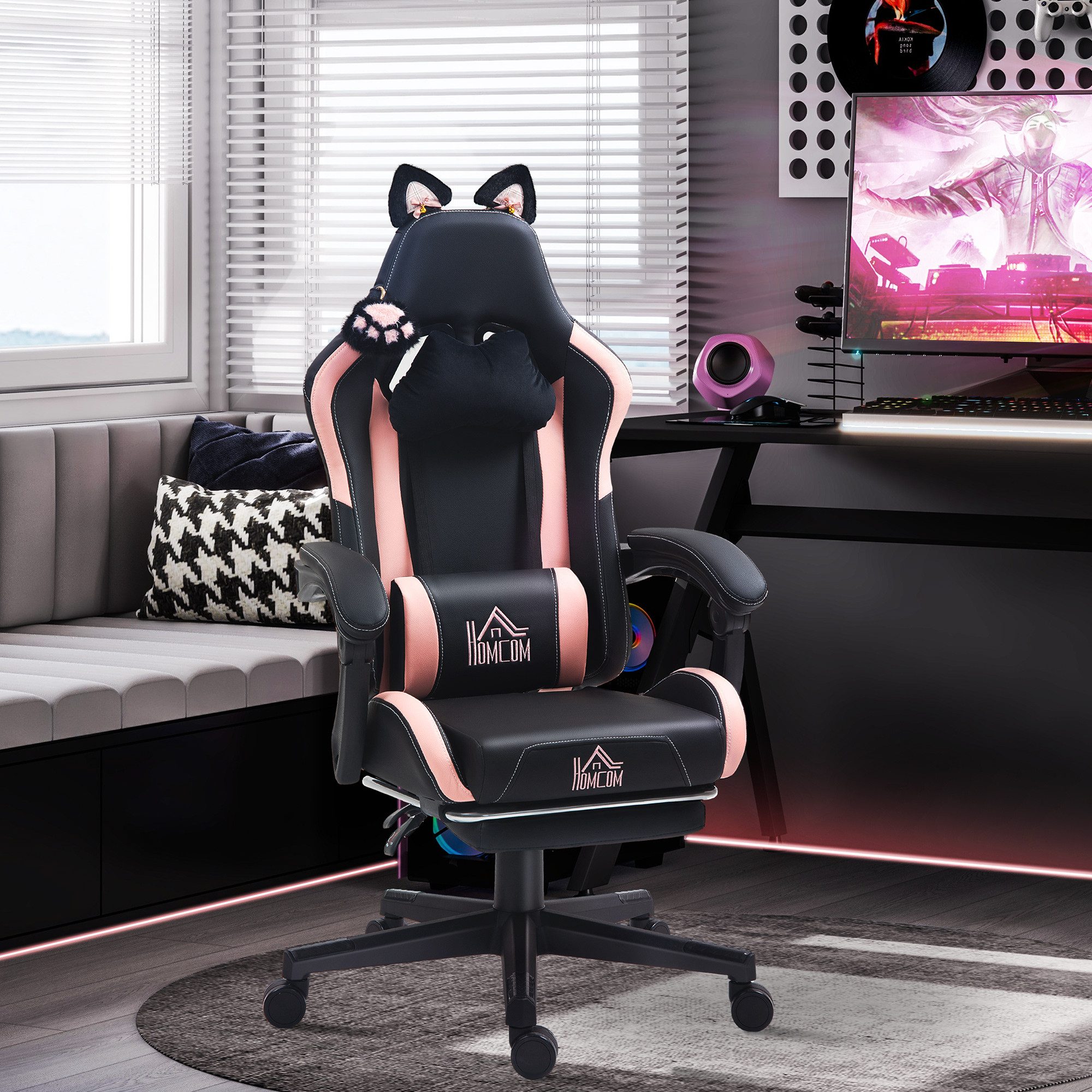 HOMCOM Gaming-Stuhl Gamer-Stuhl mit Lendenwirbelstütze, Bürostuhl mit Liegefunktion (Bürostuhl, 1 St), Mit Katzenohren und Fußstütze