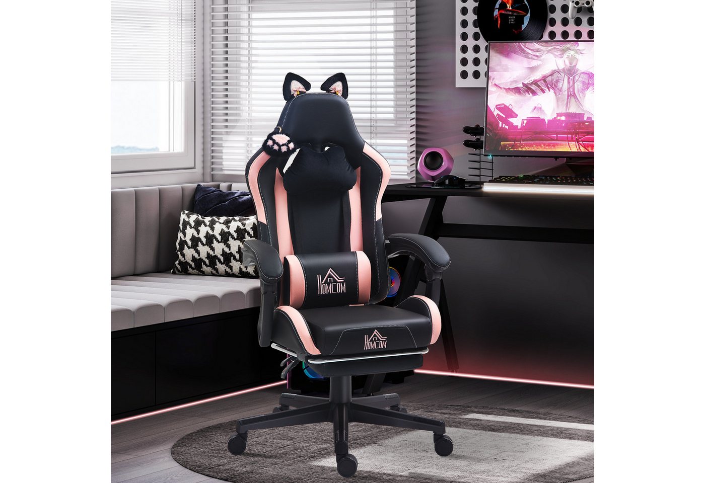 HOMCOM Gaming-Stuhl Gamer-Stuhl mit Lendenwirbelstütze, Bürostuhl mit Liegefunktion (Bürostuhl, 1 St), Mit Katzenohren und Fußstütze