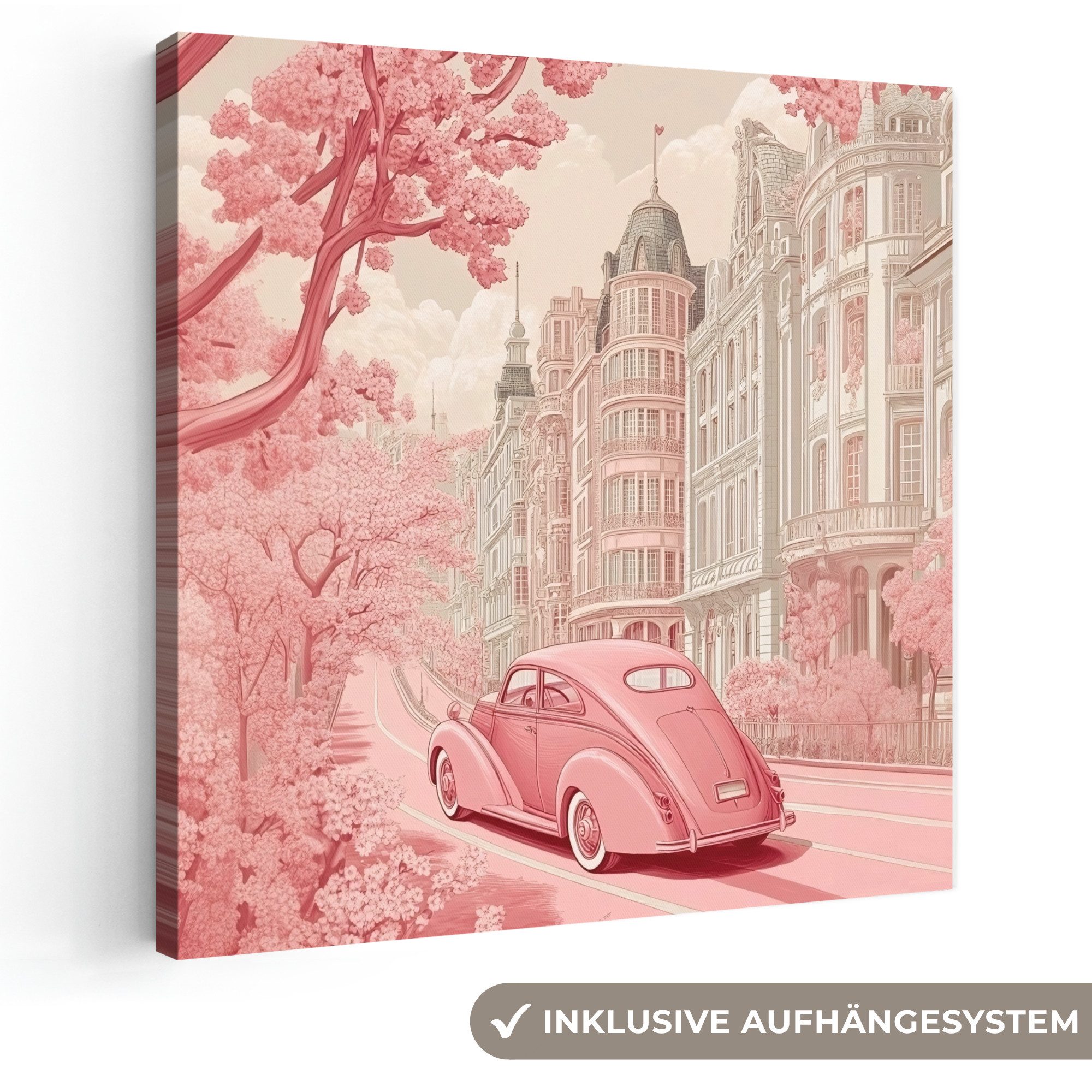 OneMillionCanvasses® Leinwandbild Stadt - Auto - Rosa, Fotodruck (1 St), Wandbild, Deko Schlafzimmer Wohnzimmer Flur 20x20 cm