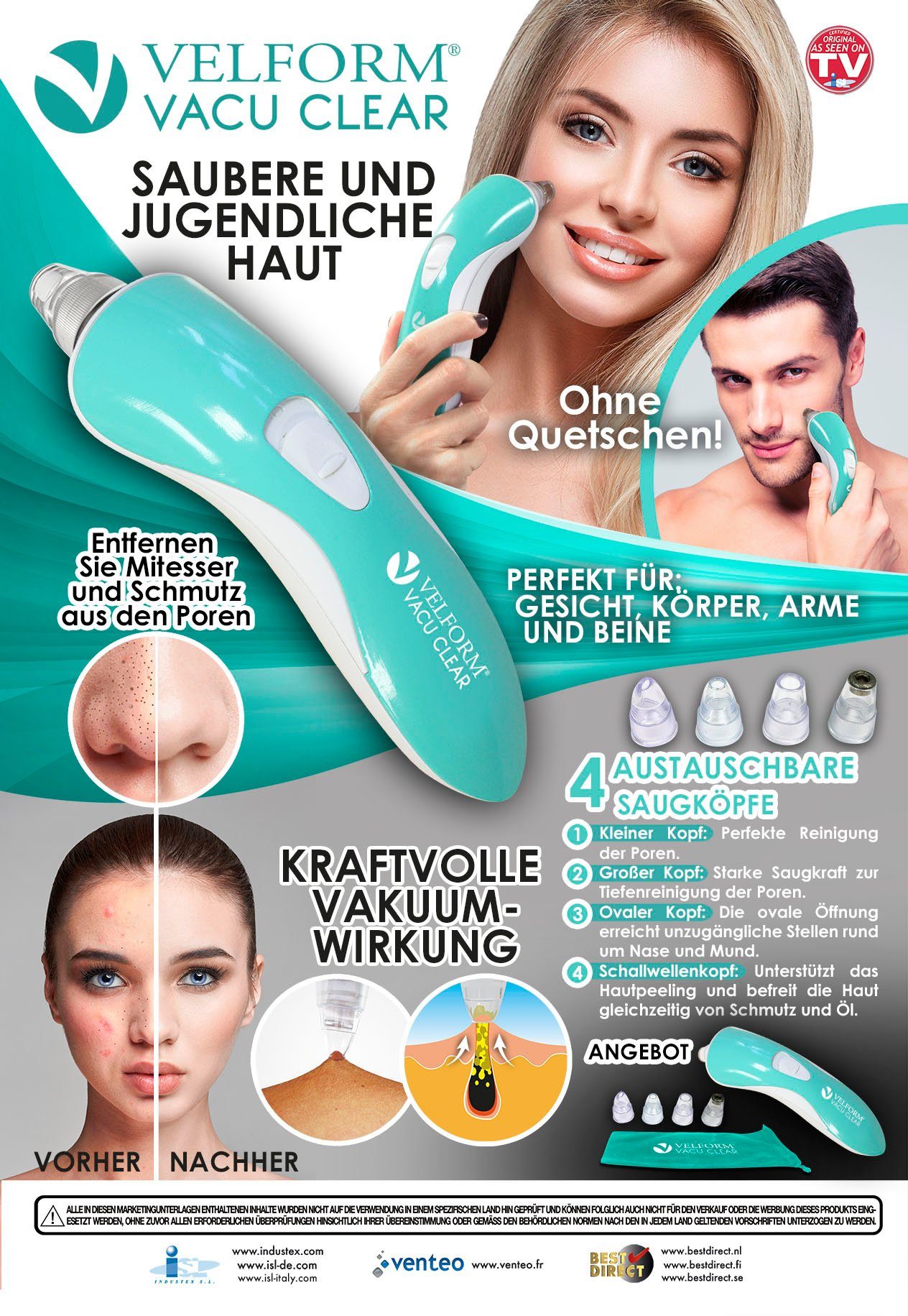 Vacu Aufsätzen, und Clear, Gesicht 4 Velform®️ Velform® Porenreiniger mit jugendliche 6-tlg., Porensauger Haut saubere
