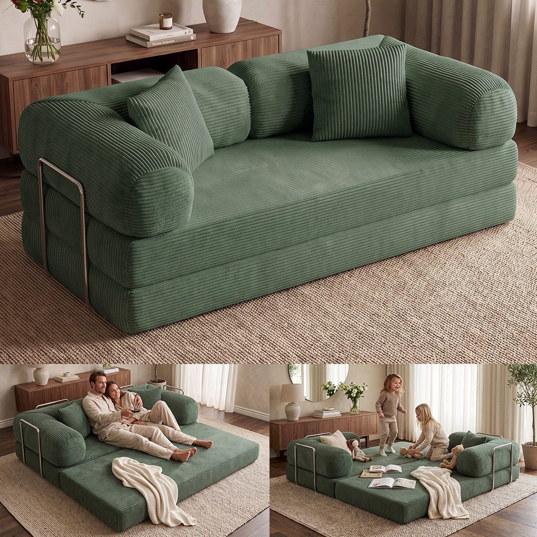 skølm Sofa Kenning aus hochwertigem Vollschaum Cord, Schlafsofa gepolstert, Dunkelgrün, Vollschaumcouch Boneless mit Stahlgestell, vakuumverpackt
