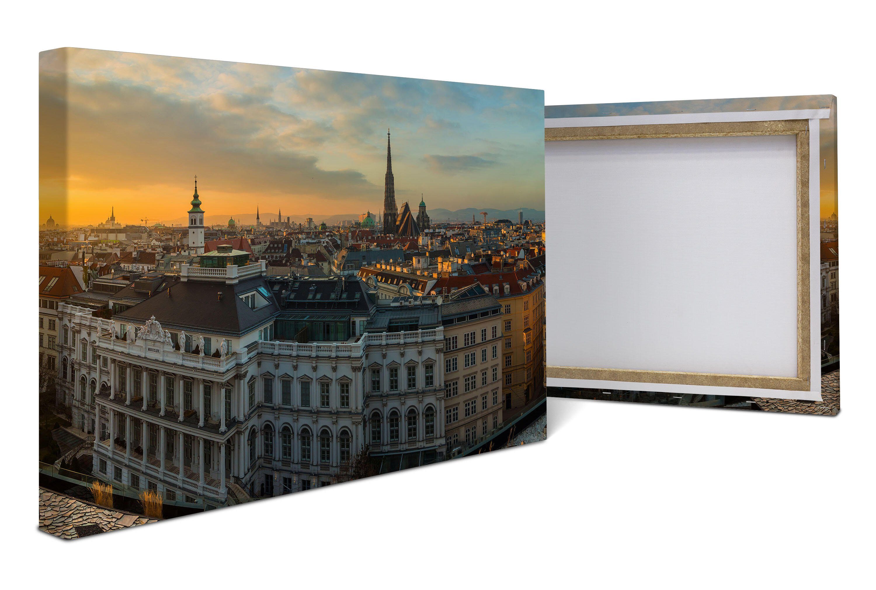 Größen Sonne, versch. Leinwandbild Panorama, Österreich, Wandbild, St), wandmotiv24 Wien Städte Leinwandbilder (1 Wanddeko, Abend, in
