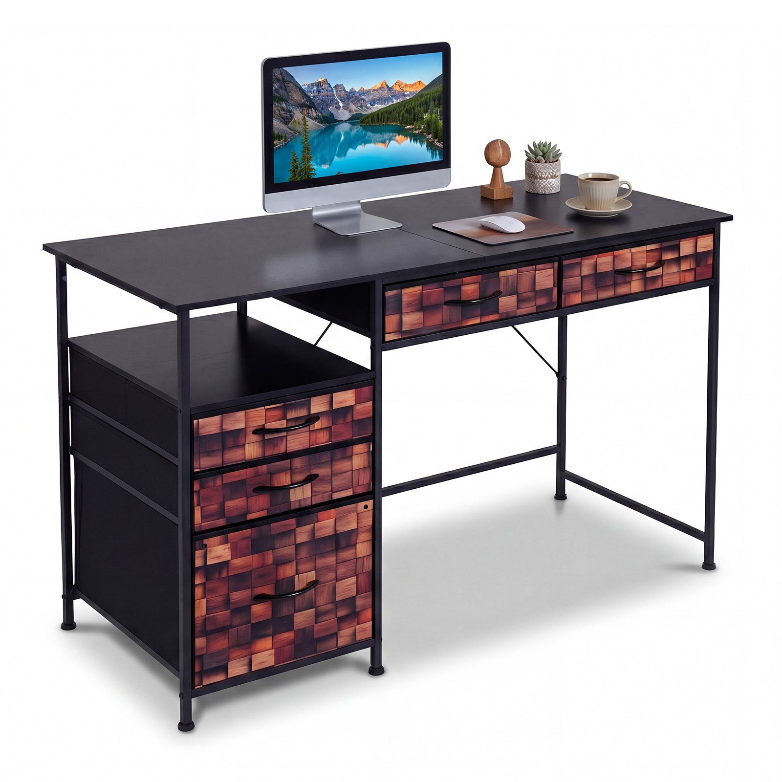 COSTWAY Schreibtisch, mit 5 Schubladen, Regal 120x50cm Computertisch weiß