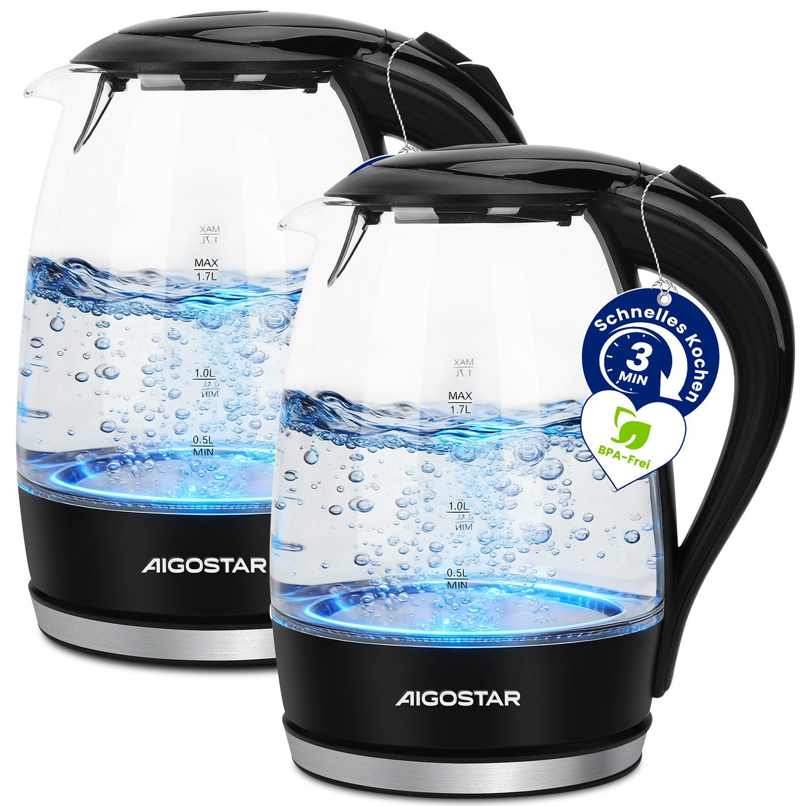 Aigostar Wasserkocher Glas mit Kalkfilter, Glaswasserkocher LED-Beleuchtung, 100% BPA Frei, 1.7 l, 2200,00 W, 360° Edelstahl Sockel, Trockenaufschutz